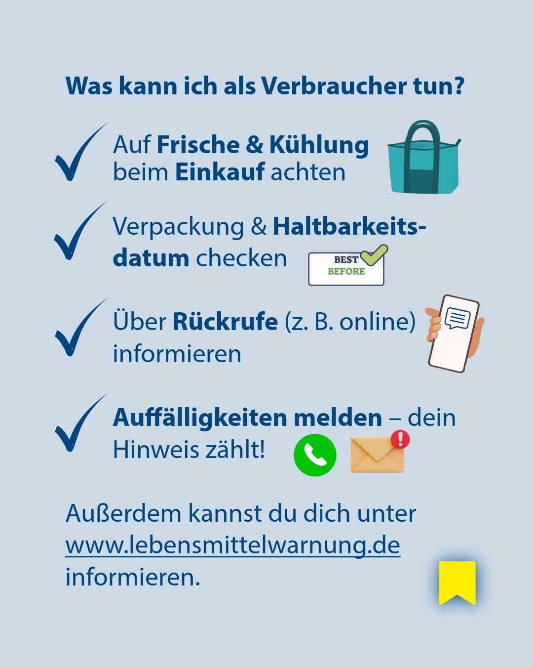 Dieser Alternativtext wurde KI-generiert: Ein blaugrüner Hintergrund mit Text und Symbolen. Die Aufschrift gibt Tipps für Verbraucher zum Thema Lebensmittelsicherheit, wie z.B. auf Frische und Verfallsdatum achten.