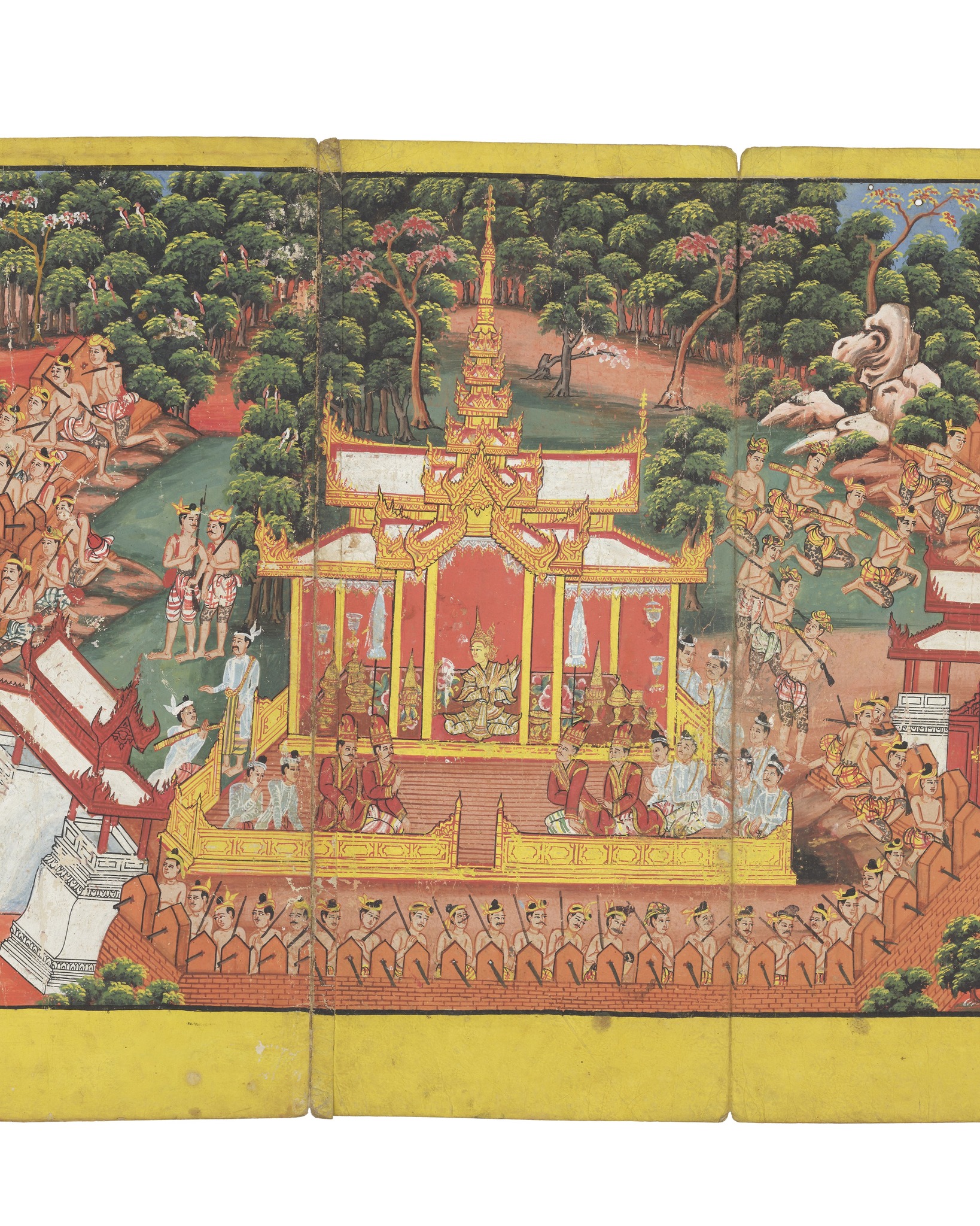 Dieser Alternativtext wurde KI-generiert: Das Bild zeigt eine farbenfrohe, detaillierte Szene mit einer Architektur im Zentrum, umgeben von Bäumen und mehreren Personen. Es wirkt wie eine traditionelle Darstellung, möglicherweise aus Asien.