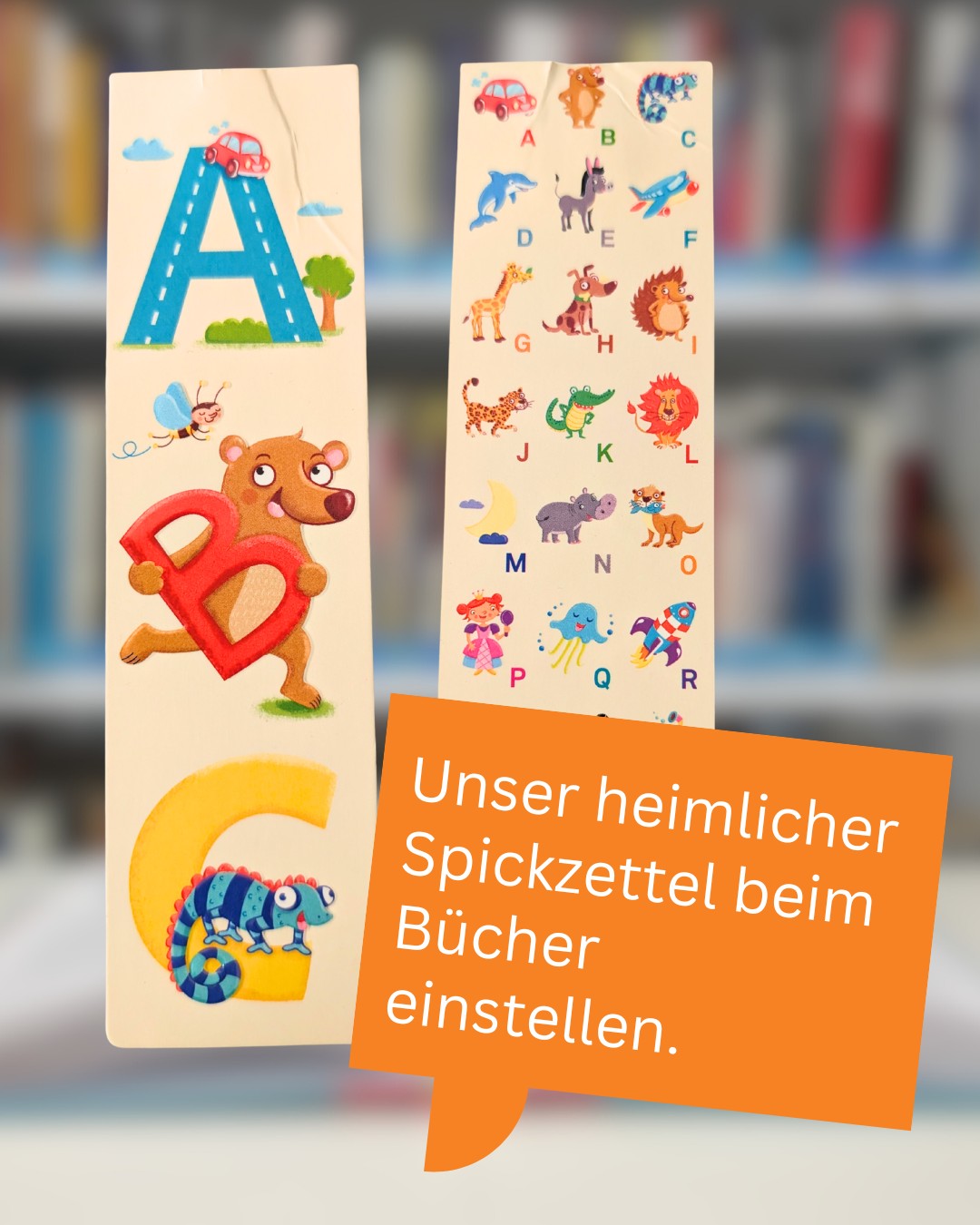 Dieser Alternativtext wurde KI-generiert: Bunte Lernkarten mit Buchstaben und Tiermotiven sind an einem Bücherregal befestigt. Im Vordergrund befindet sich ein orangefarbenes Schild mit Text.
