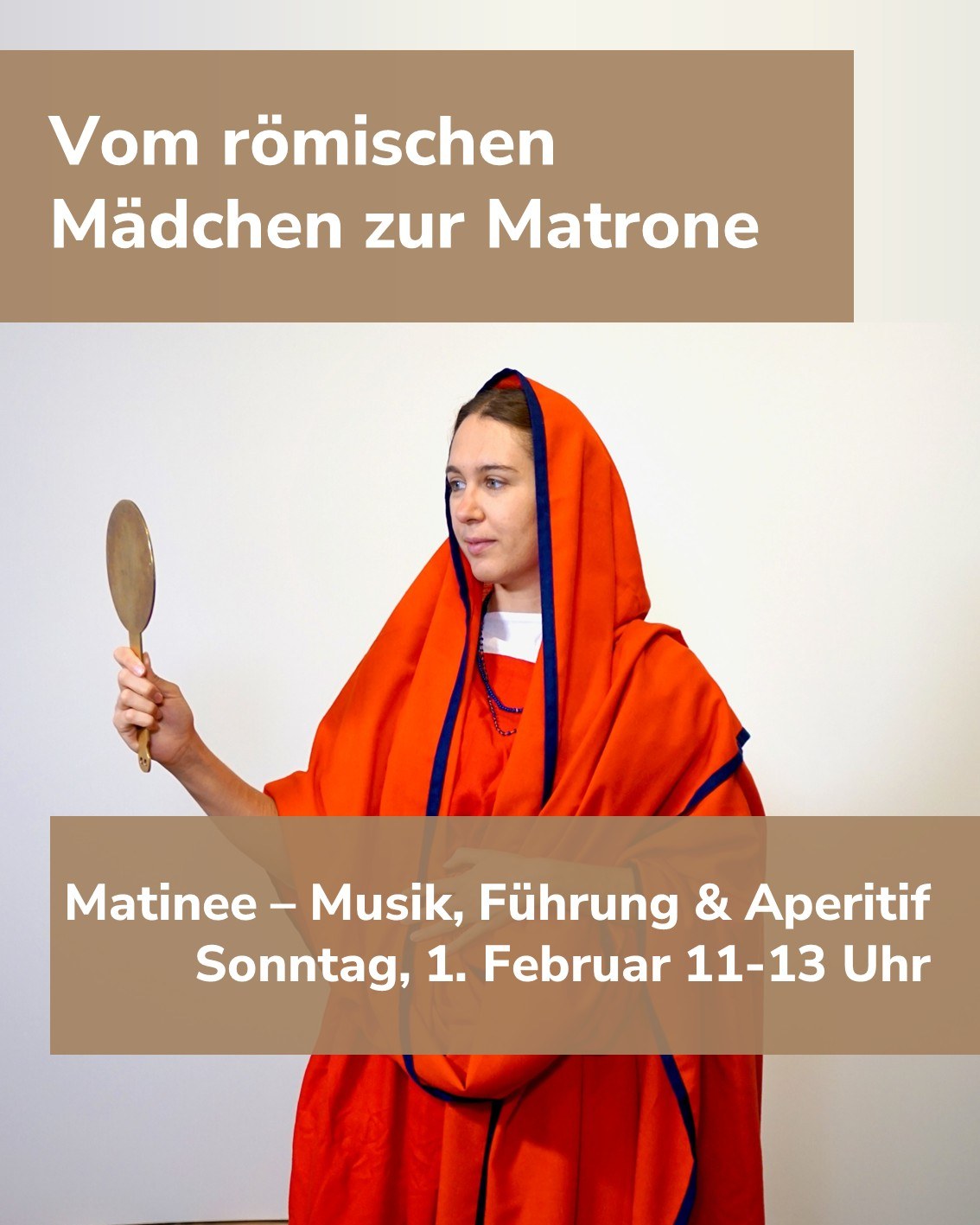 Dieser Alternativtext wurde KI-generiert: Ein farbiges Bild zeigt eine Person in einem orangefarbenen Gewand, die einen Spiegel hält. Im Hintergrund befindet sich Text, der Informationen zu einer Veranstaltung enthält.