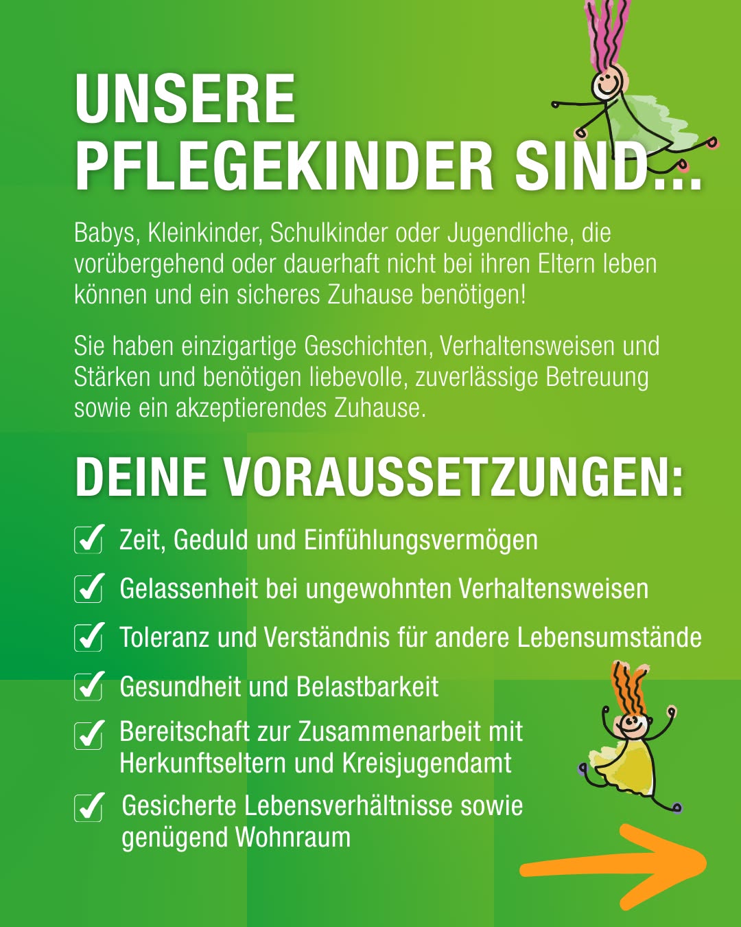 Dieser Alternativtext wurde KI-generiert: Ein farbenfrohes Plakat mit Text und Symbolen. Es listet Voraussetzungen für die Betreuung von Kindern auf, die nicht bei ihren Eltern leben können.