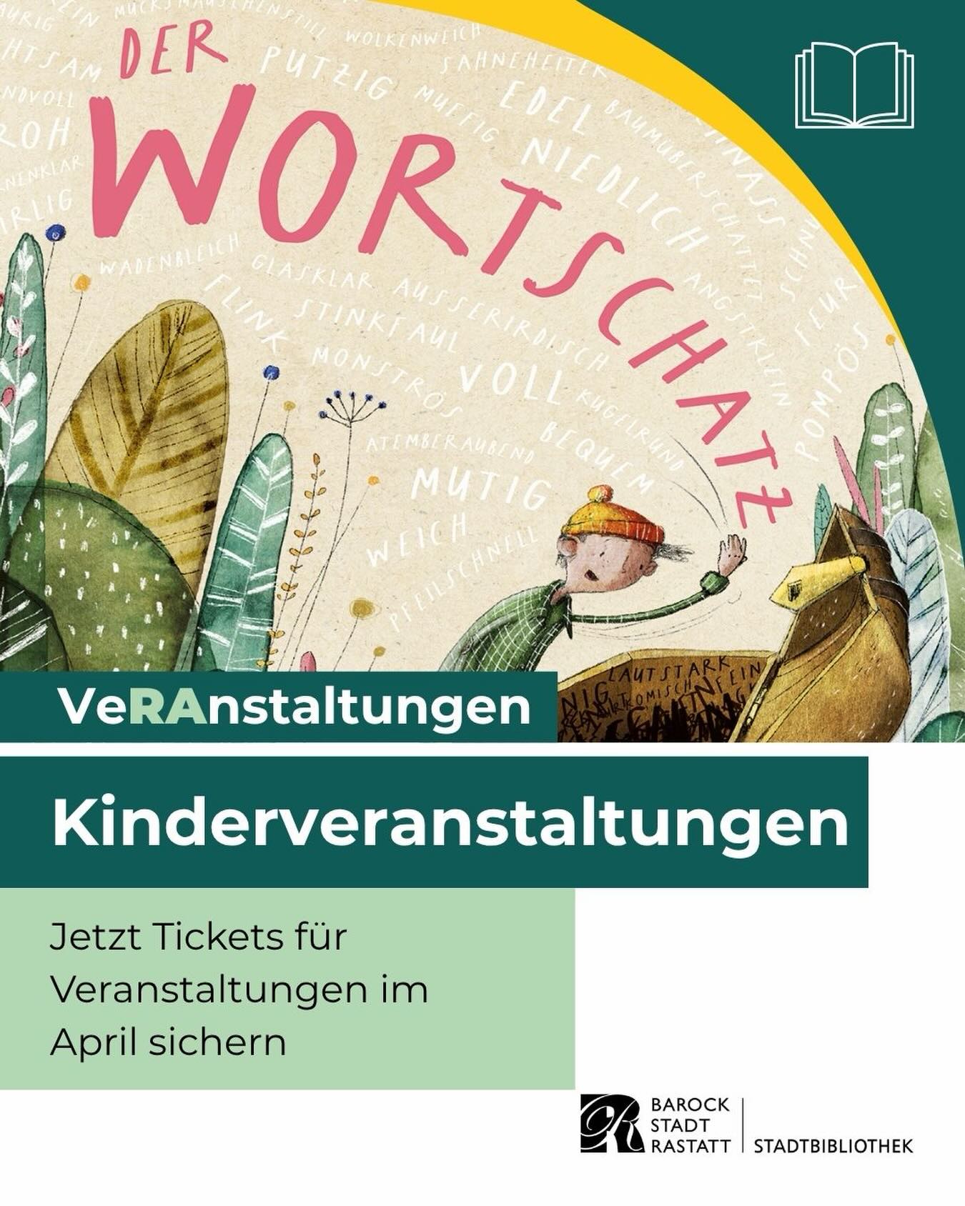 Dieser Alternativtext wurde KI-generiert: Eine Illustration zeigt eine Person mit einem Fuchs, umgeben von bunten Blättern und Text. Der Hintergrund ist hell und blaugrün, mit Textwerbung für Veranstaltungen im April.