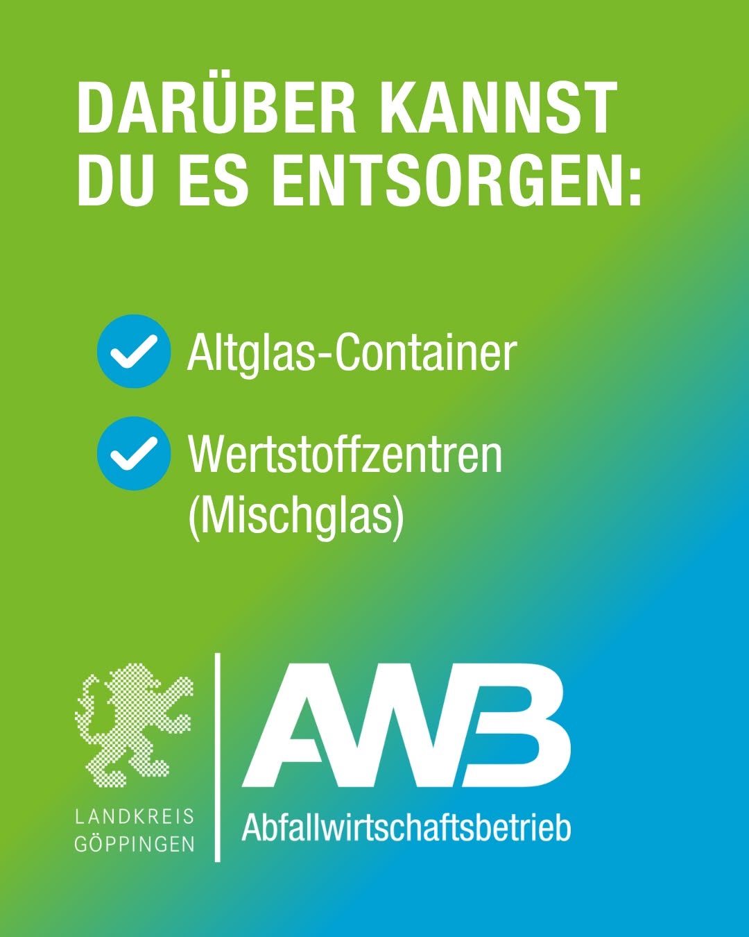 Ein farbiger Hintergrund in Grün und Blau zeigt Informationen zur Entsorgung von Altglas und Wertstoffen. Unten befindet sich ein Logo und ein Landkreis-Hinweis.