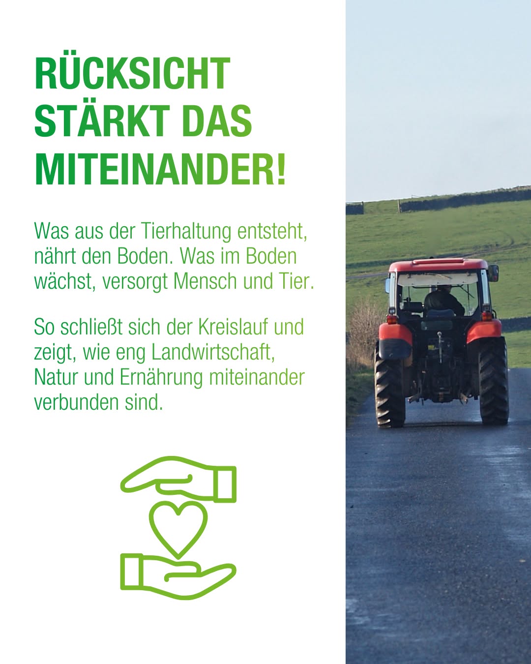 Dieser Alternativtext wurde KI-generiert: Ein farbiges Plakat mit Text und Illustrationen. Es zeigt im Hintergrund eine Landschaft mit Feld und einem Fahrzeug auf einer Straße.