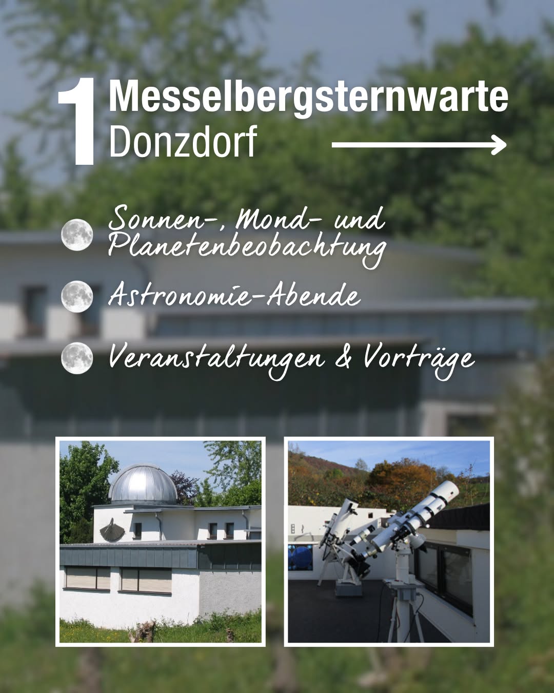 Dieser Alternativtext wurde KI-generiert: Ein farbiges Bild zeigt eine astronomische Einrichtung mit mehreren Teleskopen. Unten sind kleinere Bilder von Gebäuden und einer Beobachtungsstation zu sehen.