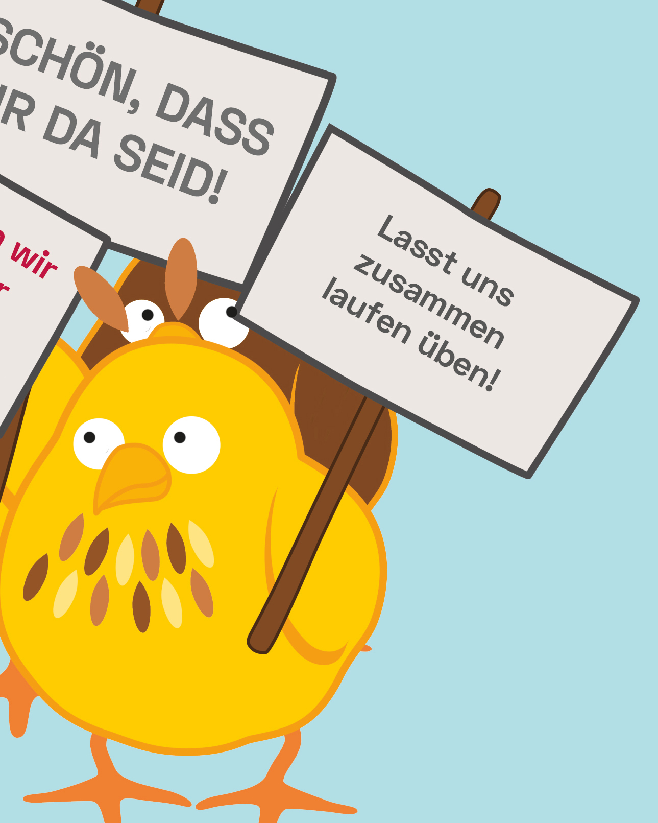 Dieser Alternativtext wurde KI-generiert: Eine stilisierte, gelbe Vogelillustration mit großen Augen und orangen Füßen. Im Hintergrund sind Ausschnitte von Schildern mit Text zu sehen.