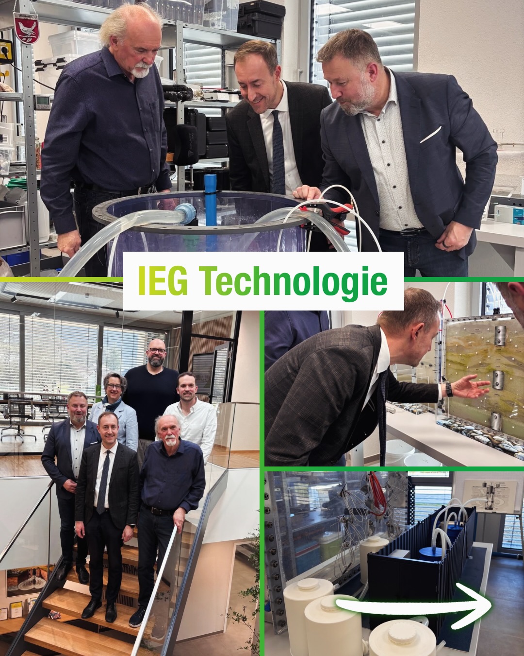 Dieser Alternativtext wurde KI-generiert: Eine Collage zeigt Personen in einer technischen Umgebung. Im Vordergrund ist eine Maschine mit einer weißen, futuristischen Form zu sehen.