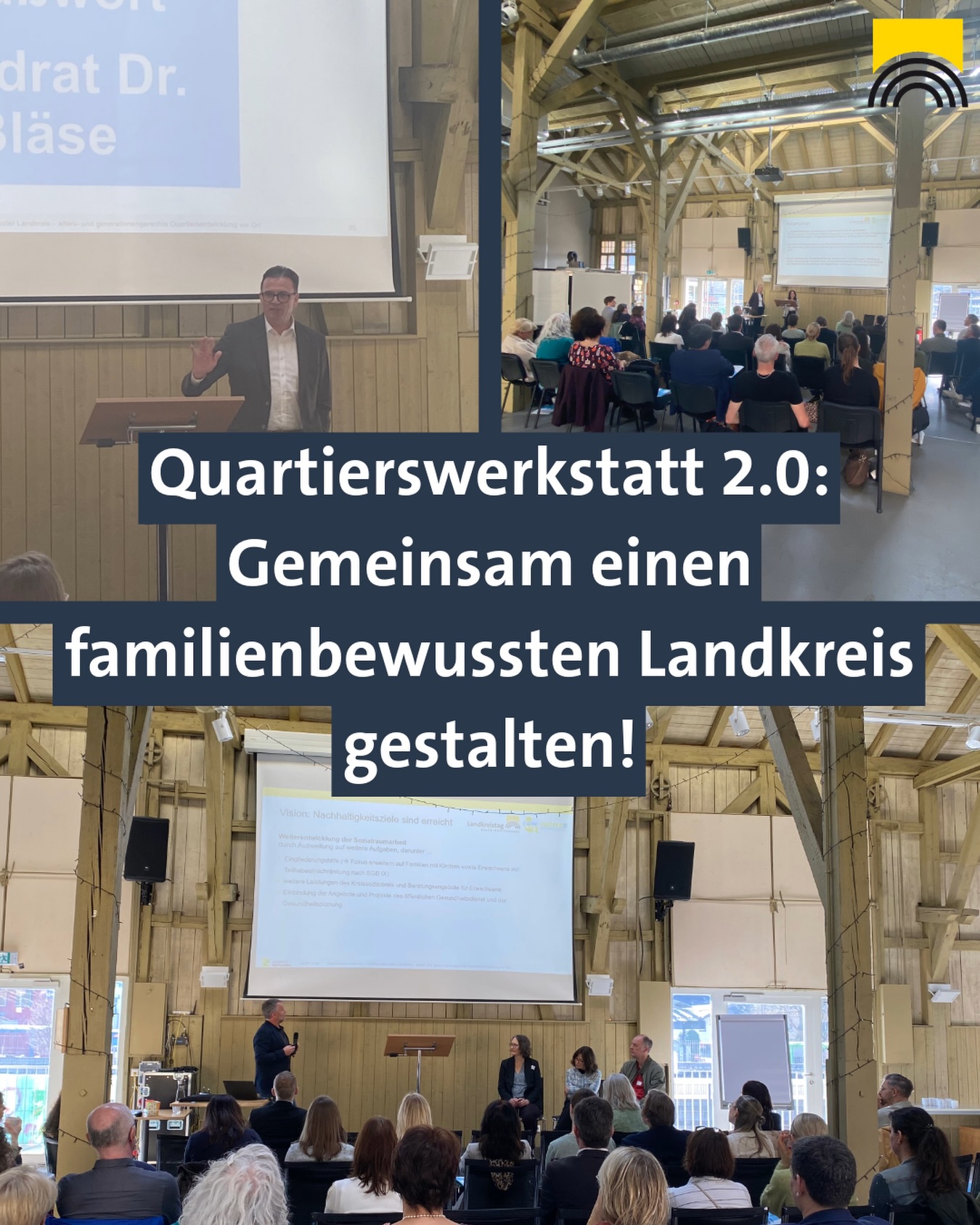 Dieser Alternativtext wurde KI-generiert: Ein Innenraum mit einer Präsentation im Hintergrund und einer Gruppe von Menschen, die sitzen und zuhören. Ein Banner mit Text ist im Vordergrund zu sehen.