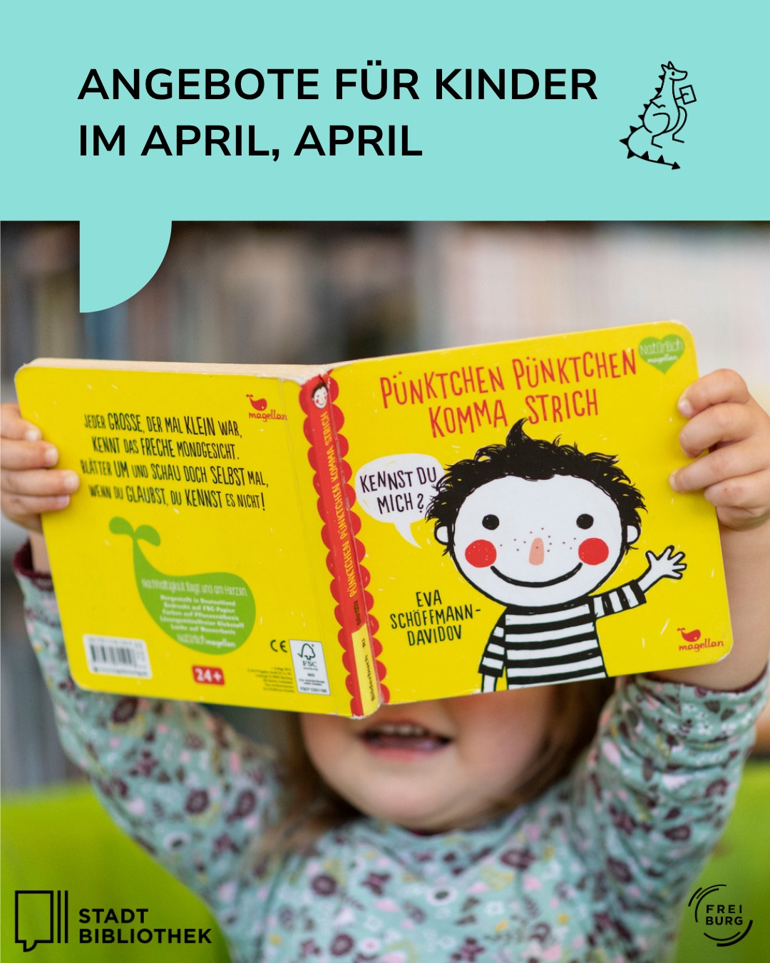 Dieser Alternativtext wurde KI-generiert: Ein Werbeplakat für Kinderbücher im April. Es zeigt ein Buchcover mit einem illustrierten Kinderporträt und Text in leuchtenden Farben.