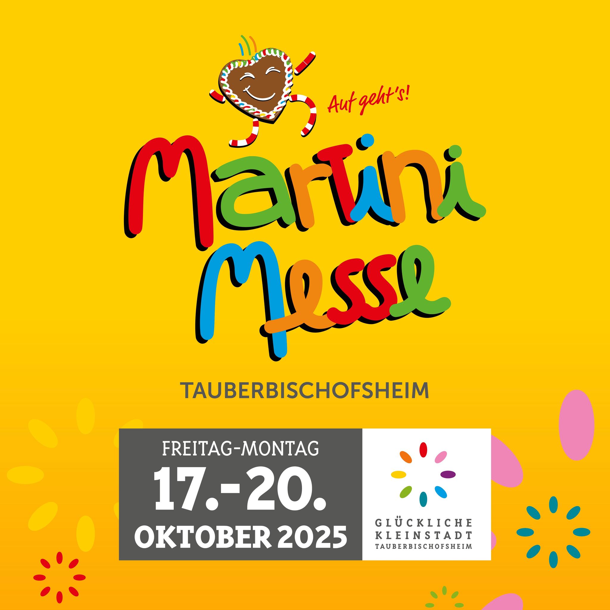 Dieser Alternativtext wurde KI-generiert: Ein farbenfrohes Plakat mit dem Schriftzug "Martini Messe" und Datumsangaben. Darunter befindet sich ein Hinweis auf den Veranstaltungsort und die Zeit.