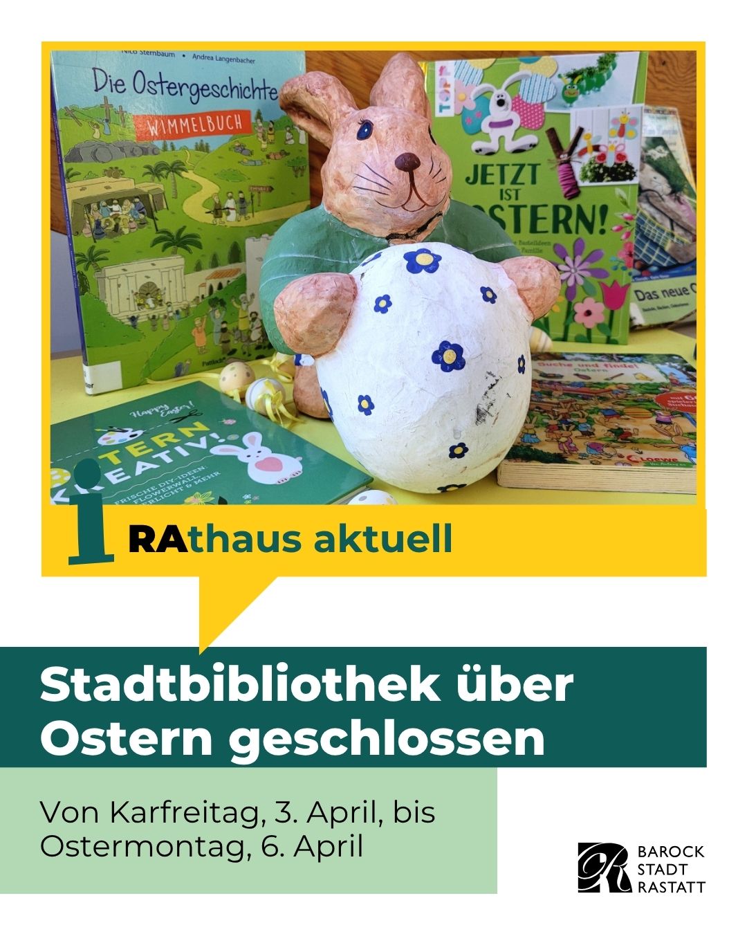 Dieser Alternativtext wurde KI-generiert: Ein farbiges Bild zeigt Bücher und einen Stoffhasen vor einem Werbebanner. Das Banner kündigt an, dass eine Bibliothek an Feiertagen geschlossen ist.