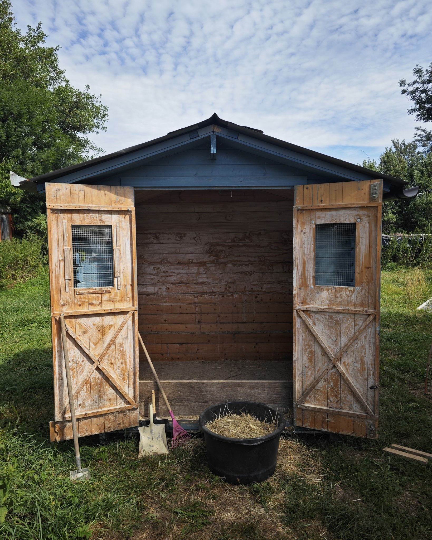 Ein offener Holzschuppen mit grauem Dach und Gitterfenstern steht auf einer Wiese. Vor dem Eingang befindet sich ein schwarzer Eimer gefüllt mit Stroh. An der linken Tür lehnen ein Spaten, eine Harke und eine Hacke. (KI-Alternativtext)