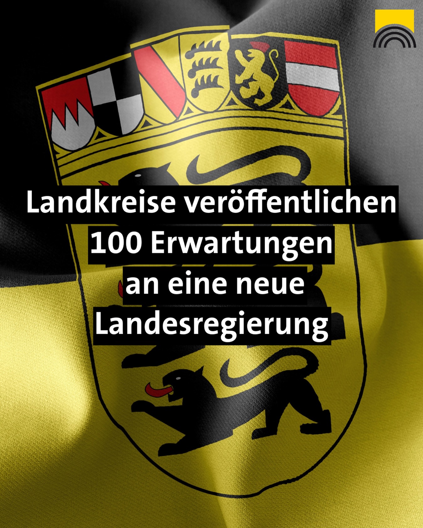 Dieser Alternativtext wurde KI-generiert: Ein Wappen in Schwarz, Rot und Gold mit einem stilisierten Löwen darunter. Darunter befindet sich Text, der Erwartungen an eine neue Landesregierung thematisiert.
