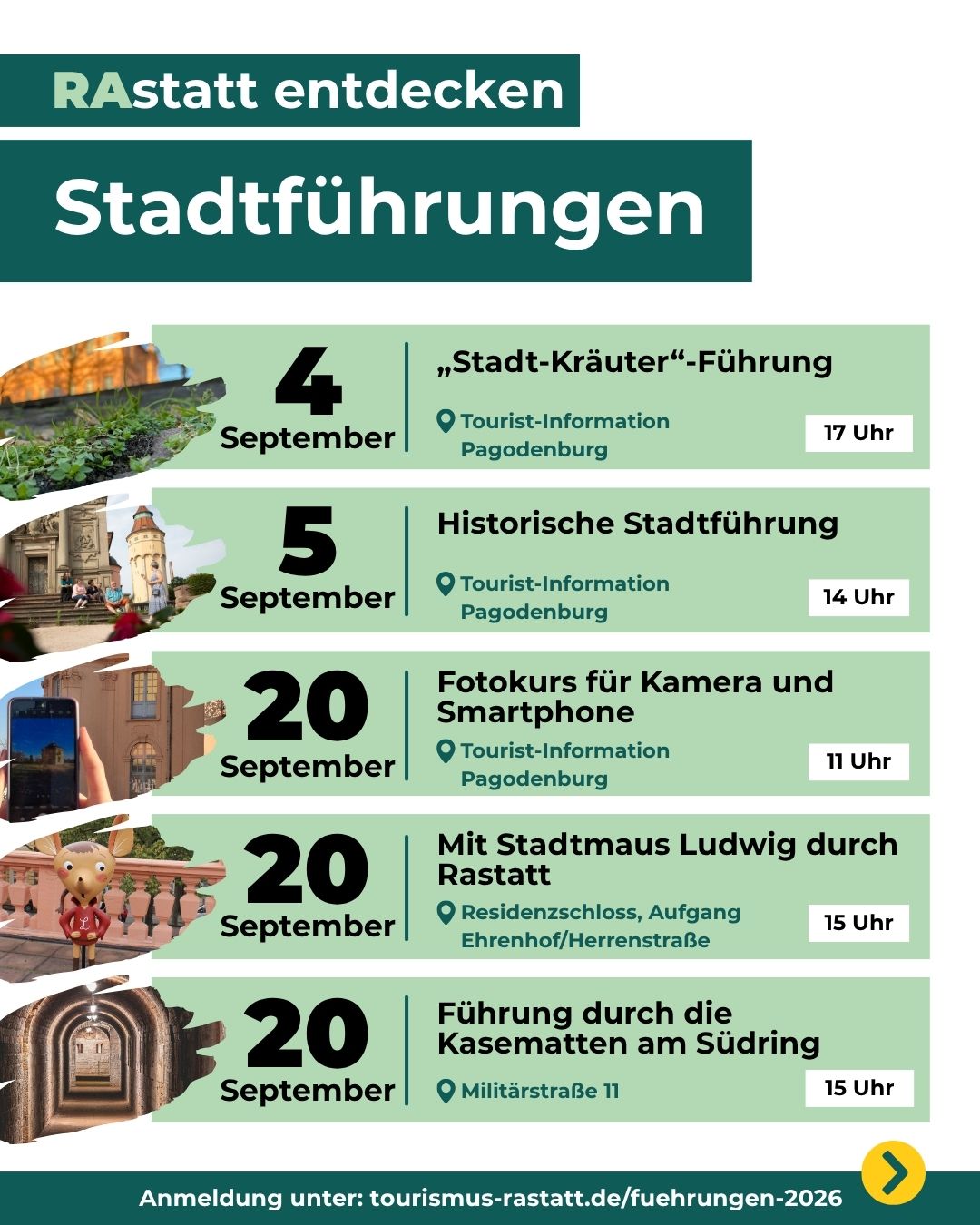 Plakat „RAstatt entdecken Stadtführungen“ listet fünf Termine im September auf. Am 4. September ist eine Kräuterführung um 17 Uhr und am 5. September eine historische Führung um 14 Uhr an der Tourist-Information Pagodenburg. Am 20. September finden ein Fotokurs um 11 Uhr an der Tourist-Information Pagodenburg, eine Führung mit Stadtmaus Ludwig um 15 Uhr am Residenzschloss und eine Kasemattenführung um 15 Uhr an der Militärstraße 11 statt, Anmeldung unter tourismus-rastatt.de/fuehrungen-2026. (KI-Alternativtext)