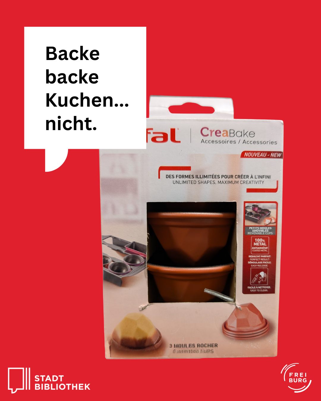 Dieser Alternativtext wurde KI-generiert: Ein Produkt, verpackt in einer roten und weißen Hülle, hängt an einem Aufsteller. Die Verpackung zeigt Backformen und Werkzeuge, sowie Text in mehreren Sprachen.