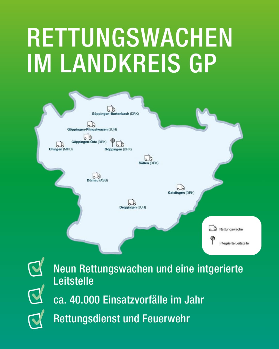 Dieser Alternativtext wurde KI-generiert: Eine stilisierte Karte zeigt verschiedene Standorte, die durch Symbole für Rettungswachen gekennzeichnet sind. Darunter befindet sich Text mit Informationen zur Anzahl der Rettungswachen und Einsatzvorfälle.