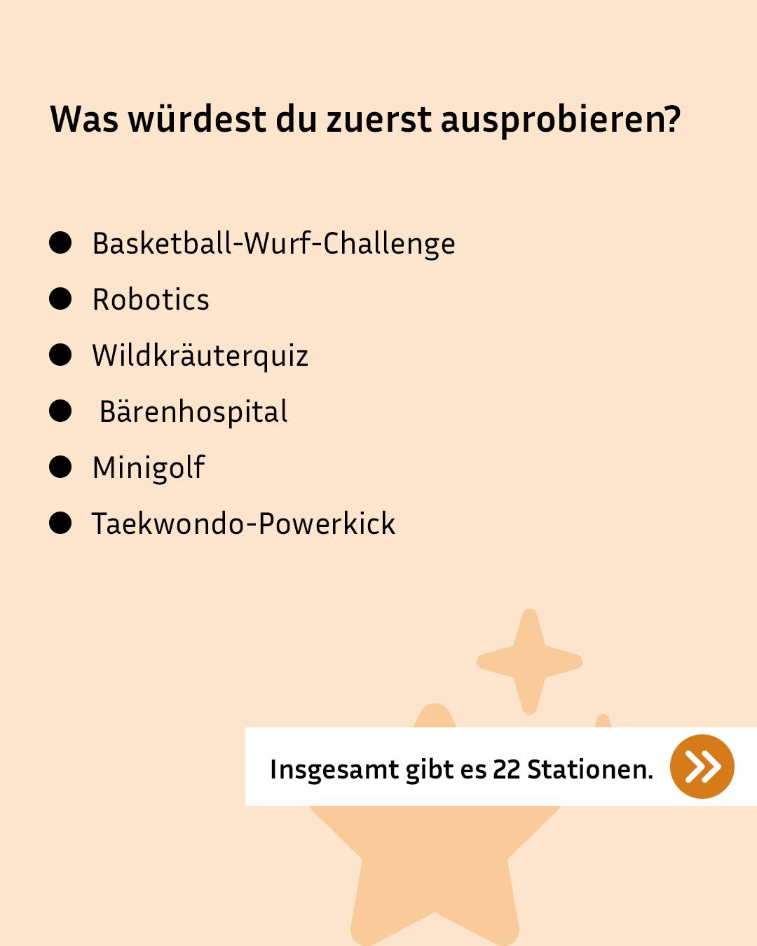 Liste der Stationen unter der Überschrift „Was würdest du zuerst ausprobieren?": Basketball-Wurf-Challenge, Robotics, Wildkräuterquiz, Bärenhospital, Minigolf und Taekwondo-Powerkick. Ein weißer Balken unten rechts zeigt den Hinweis „Insgesamt gibt es 22 Stationen“ mit einem Doppel-Pfeil-Symbol. (KI-Alternativtext)