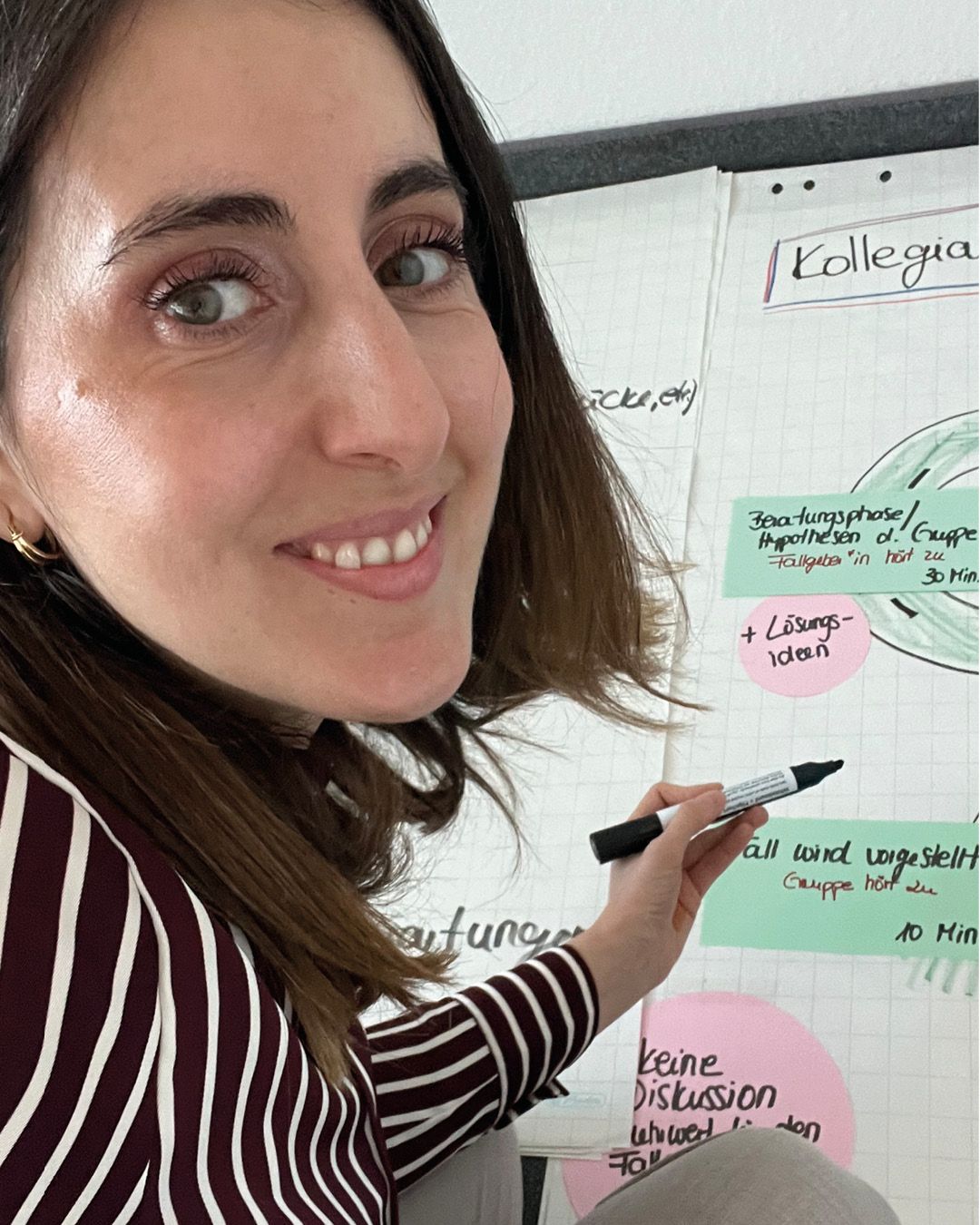 Dieser Alternativtext wurde KI-generiert: Eine Person steht vor einer beschriebenen Whiteboardtafel und hält einen Stift in der Hand. Im Hintergrund ist ein Teil eines Notizbuchs und Kleidung zu sehen.