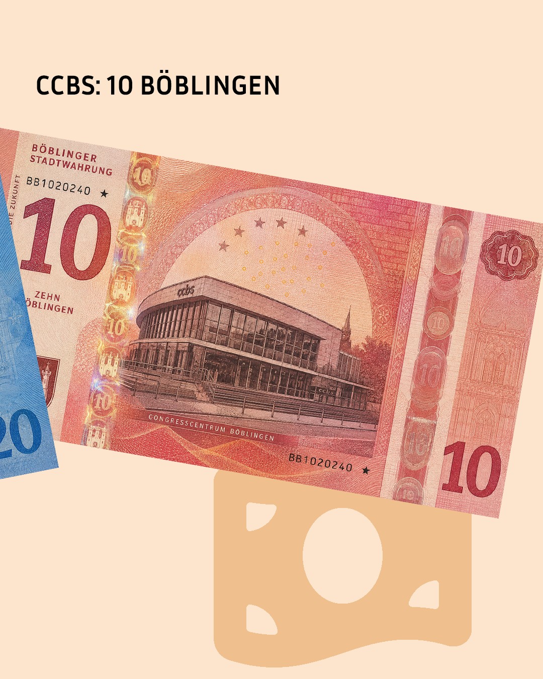 CCBS: 10 BÖBLINGEN steht oben. Eine rote Banknote der "BÖBLINGER STADTWAHRUNG" mit dem Wert 10 zeigt das Congresscentrum Böblingen. Links ist ein Teil einer blauen Banknote mit der Zahl 20 zu sehen, unten eine Grafik eines Käsestücks. (KI-Alternativtext)
