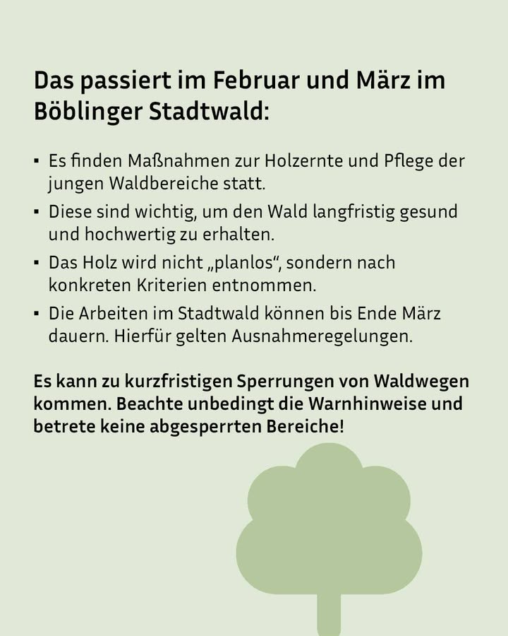 Informationstafel über Arbeiten im Böblinger Stadtwald im Februar und März.

Es finden Maßnahmen zur Holzernte und Pflege der jungen Waldbereiche statt.
Diese sind wichtig, um den Wald langfristig gesund und hochwertig zu erhalten.
Die Arbeiten im Stadtwald können bis Ende März dauern. Hierfür gelten Ausnahmeregelungen.

Es kann zu kurzfristigen Sperrungen von Waldwegen kommen. Beachte unbedingt die Warnhinweise und betrete keine abgesperrten Bereiche!