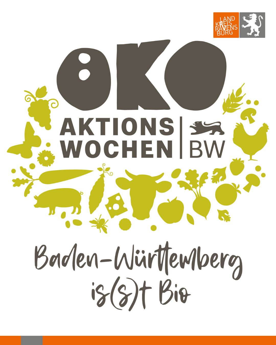 Ein farbenfrohes Plakat zeigt verschiedene Tiere und Pflanzen vor einem braunen Hintergrund mit Text. Es handelt sich um Werbung für Bio-Produkte aus Baden-Württemberg.