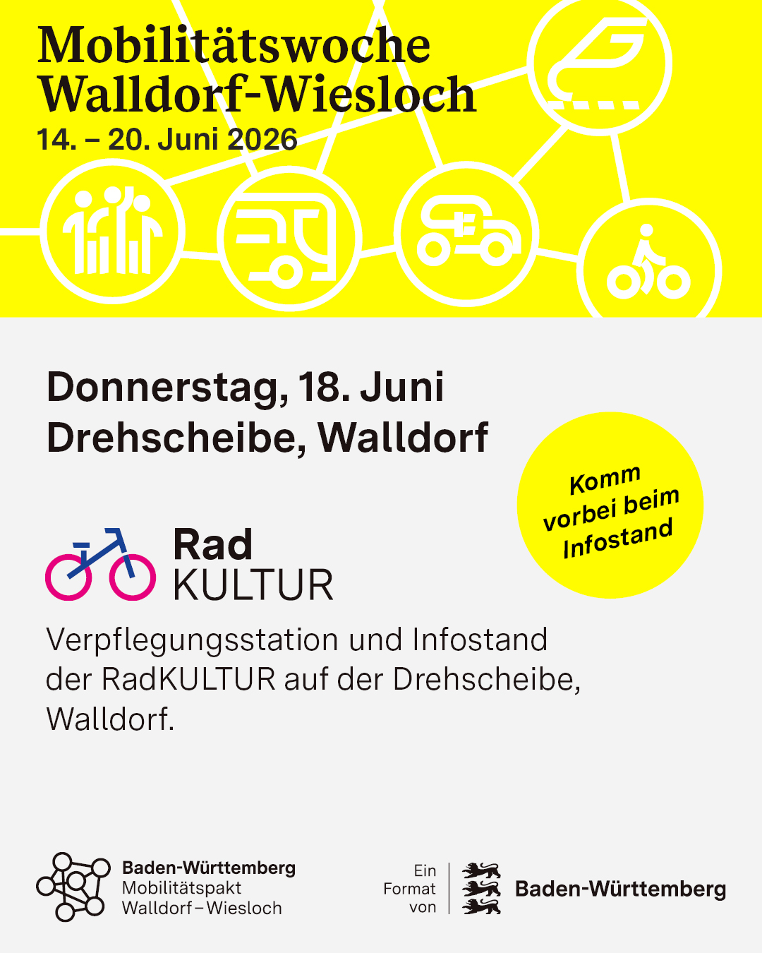 Plakat für die Mobilitätswoche Walldorf-Wiesloch vom 14. bis 20. Juni 2026, mit Termin am Donnerstag, 18. Juni, auf der Drehscheibe in Walldorf. Angebot: Verpflegungsstation und Infostand von RadKULTUR, dazu Aufforderung „Komm vorbei beim Infostand“. Unten Logos von Baden-Württemberg Mobilitätspakt und dem Land Baden-Württemberg. (KI-Alternativtext)