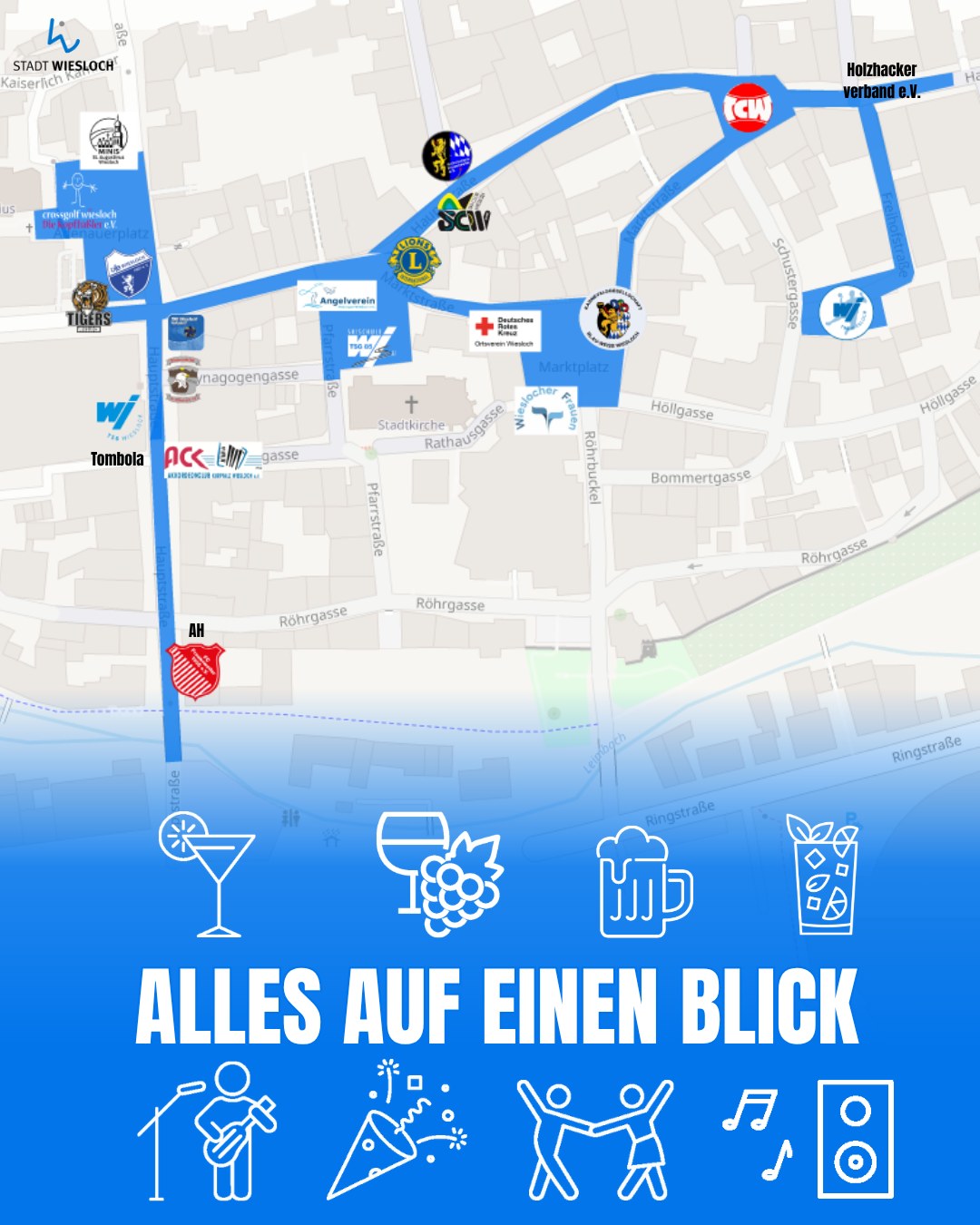 Eine Stadtplan-Karte von Wiesloch zeigt einen blauen Rundweg, an dem Logos zahlreicher Vereine und Organisationen platziert sind. Im unteren Bereich dominiert ein blauer Balken mit der weißen Aufschrift „ALLES AUF EINEN BLICK“ sowie Symbolen für Getränke, Musik und Party-Atmosphäre. (KI-Alternativtext)