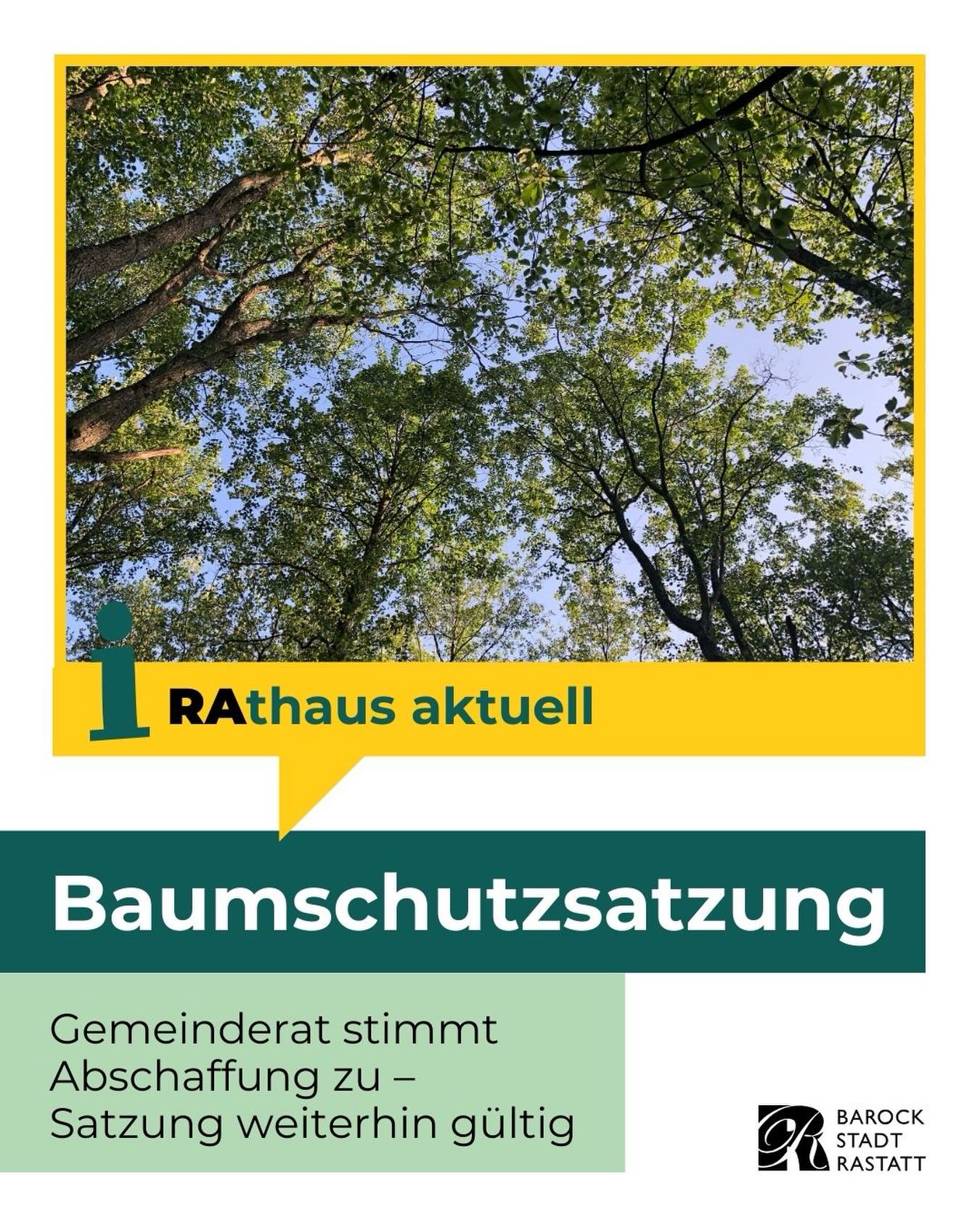 Dieser Alternativtext wurde KI-generiert: Ein Plakat mit einem blauen und grünen Farbschema. Der obere Teil zeigt Baumkronen vor einem blauen Himmel, darunter befindet sich Text zum Thema Baumschutz.
