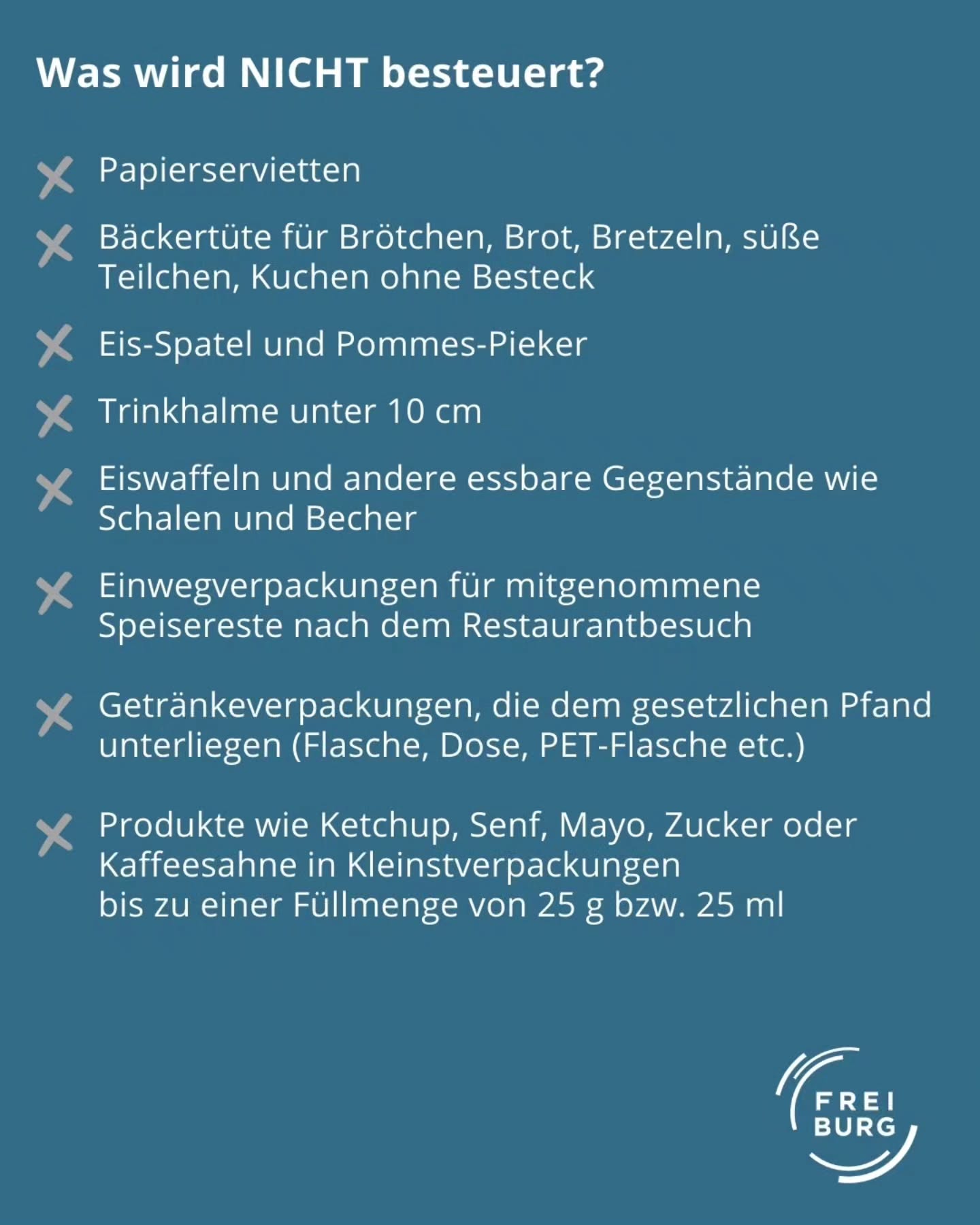 Dieser Alternativtext wurde KI-generiert: Ein farbiges Bild zeigt eine Liste von Artikeln, für die keine Mehrwertsteuer anfällt. Die Aufzählungspunkte werden durch ein Kreuz gekennzeichnet.