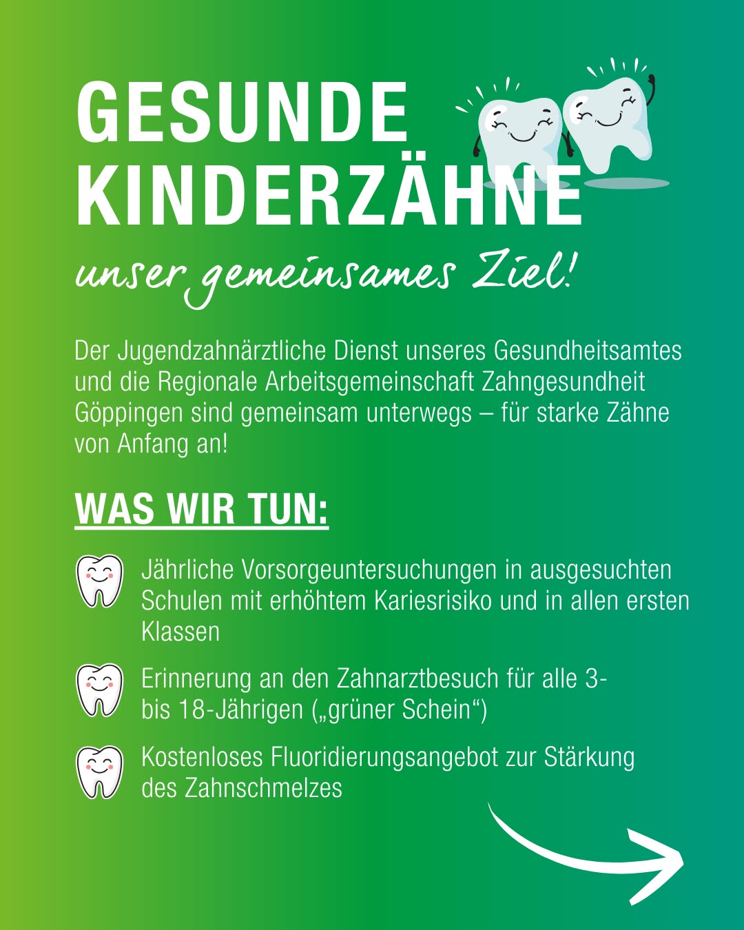 Dieser Alternativtext wurde KI-generiert: Ein farbenfrohes Plakat mit dem Thema Zahngesundheit bei Kindern. Es enthält Text und stilisierte Zahn-Symbole mit lächelnden Gesichtern.