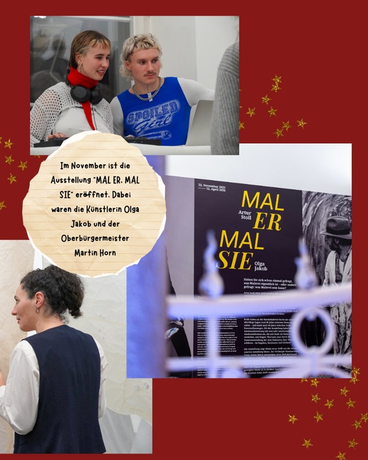 Dieser Alternativtext wurde KI-generiert: Eine Collage aus Fotos und Texten. Darauf sind verschiedene Aufnahmen von Personen und Werbeplakaten für eine Ausstellung zu sehen.