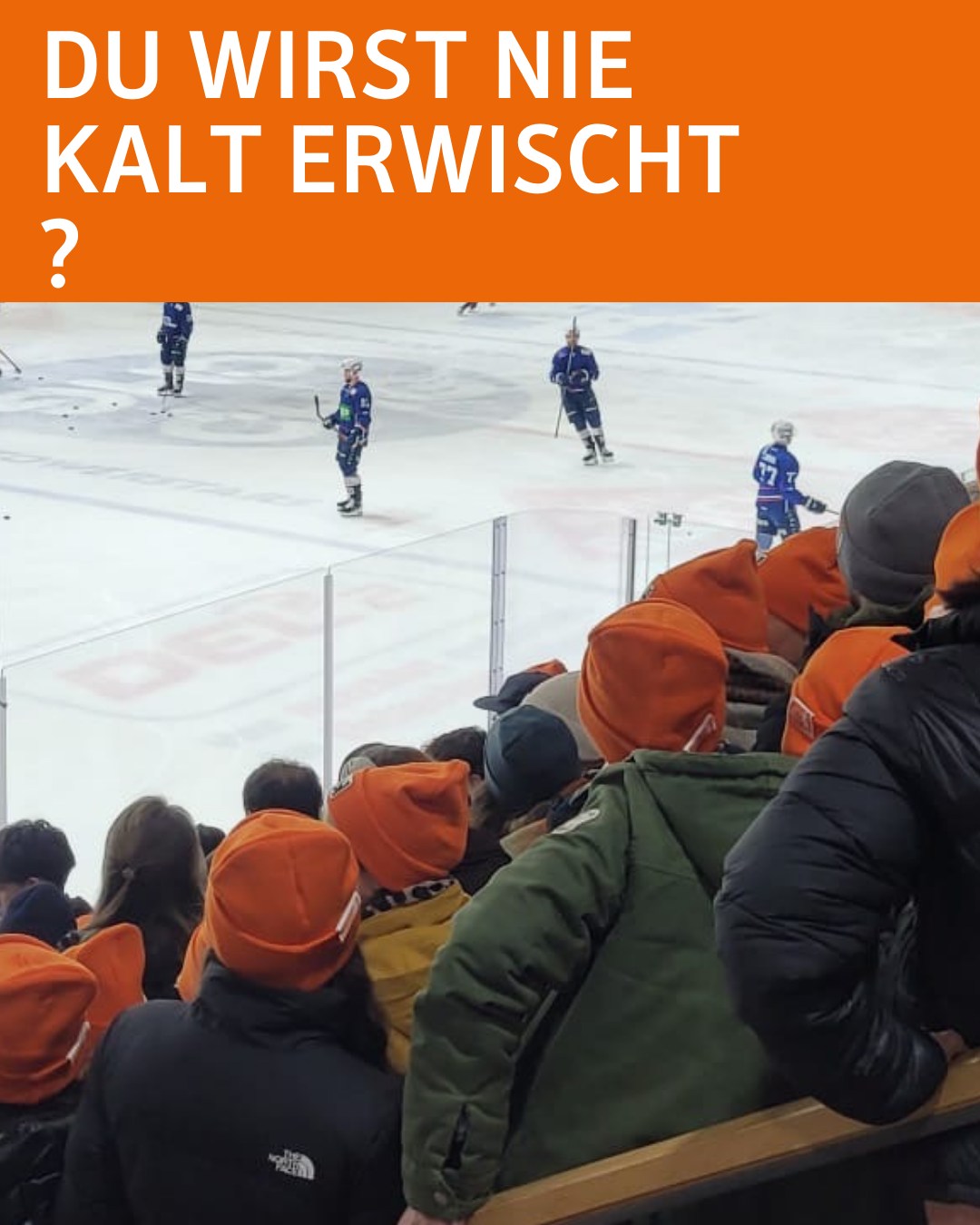 Dieser Alternativtext wurde KI-generiert: Ein farbiges Bild zeigt eine Eishockey-Szene. Im Vordergrund sind Köpfe von Zuschauern zu sehen, viele tragen orangefarbene Mützen.