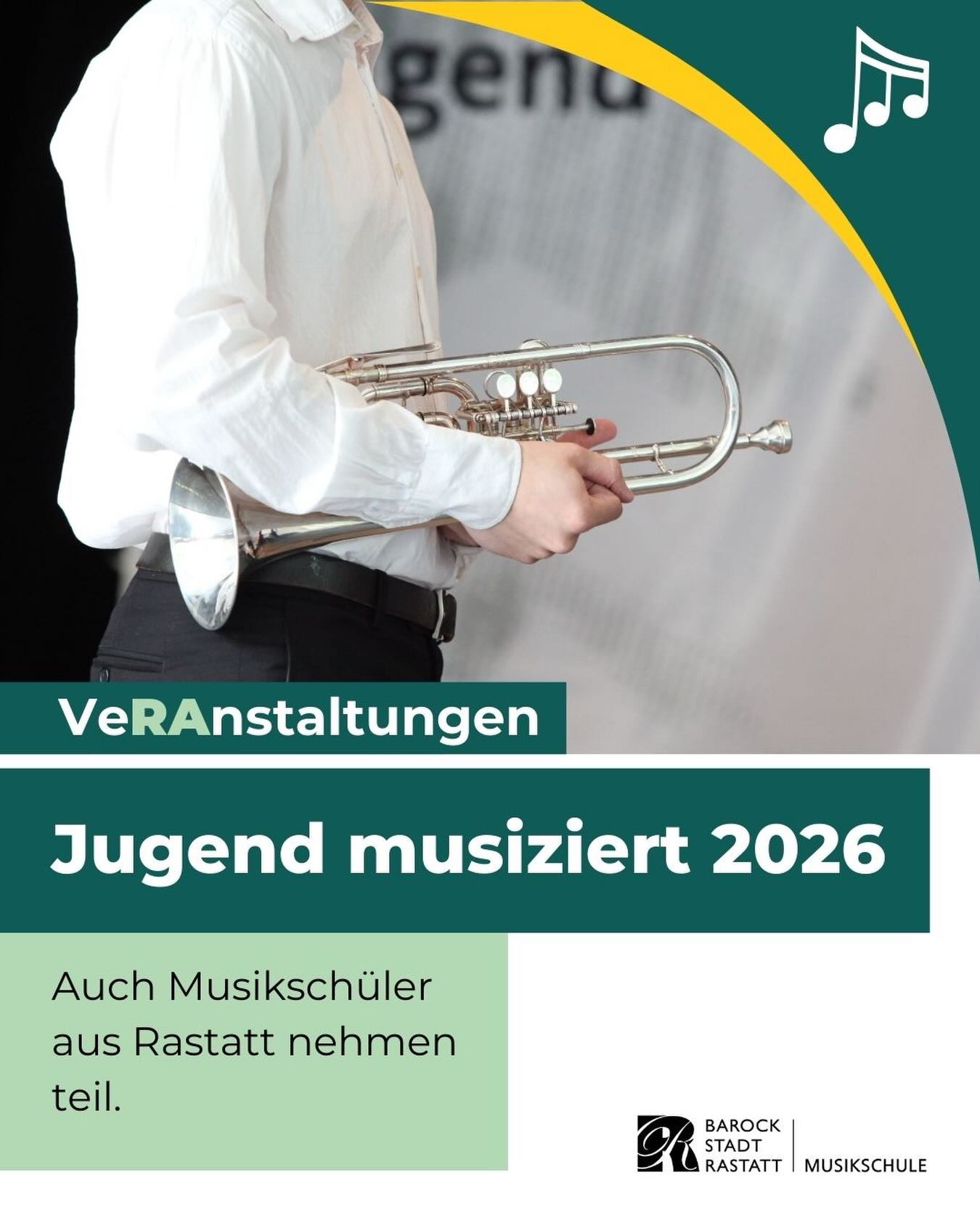 Dieser Alternativtext wurde KI-generiert: Ein farbiges Plakat kündigt eine Veranstaltung für junge Musiker im Jahr 2026 an. Es zeigt ein Blasinstrument und Informationen zur Teilnahme von Musikschülern aus Rastatt.