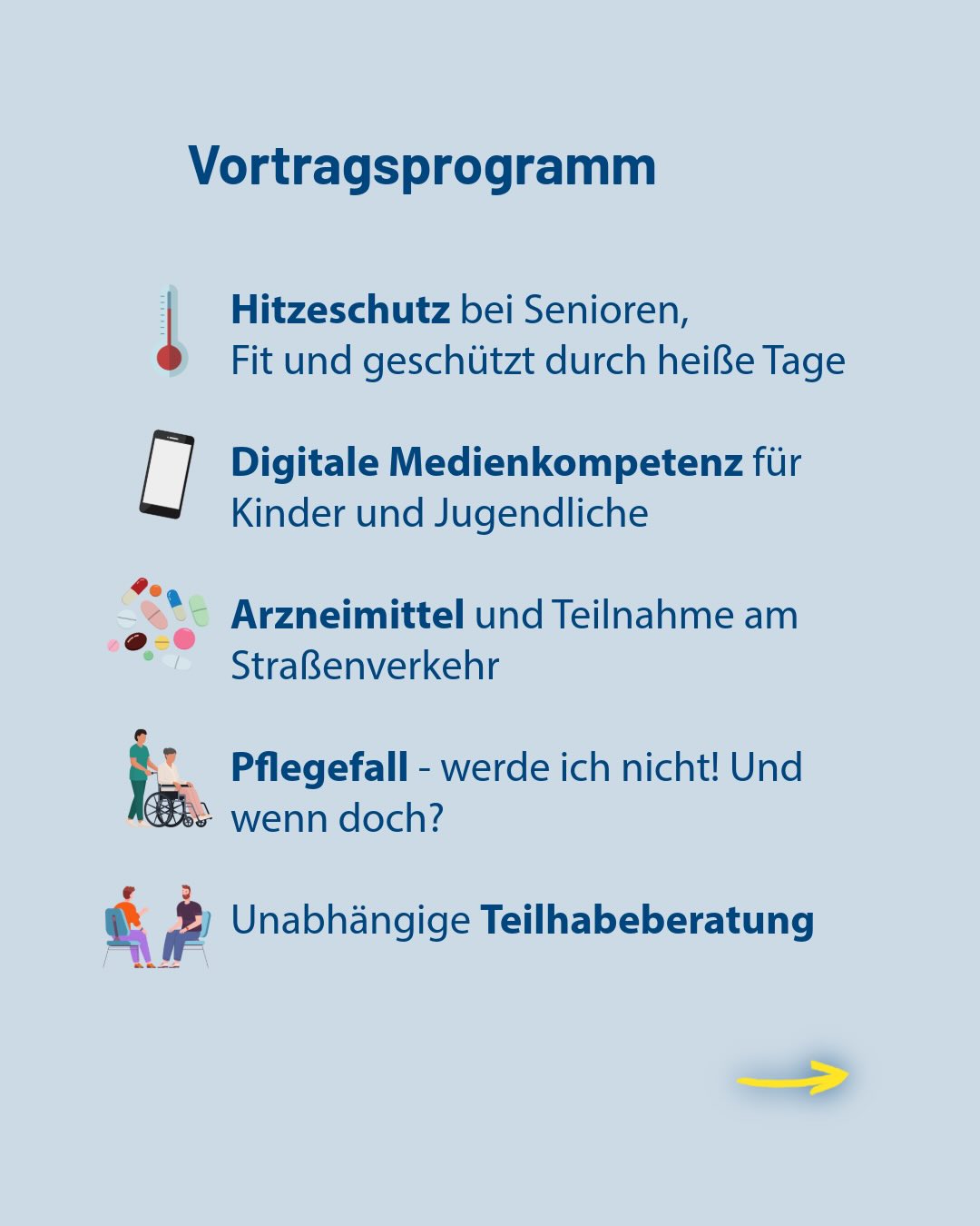 Vortragsprogramm mit fünf Themen: Hitzeschutz für Senioren, digitale Medienkompetenz für Kinder und Jugendliche, Arzneimittel und Straßenverkehr, Pflegefall und unabhängige Teilhabeberatung. Jedes Thema hat ein passendes Icon. (KI-Alternativtext)