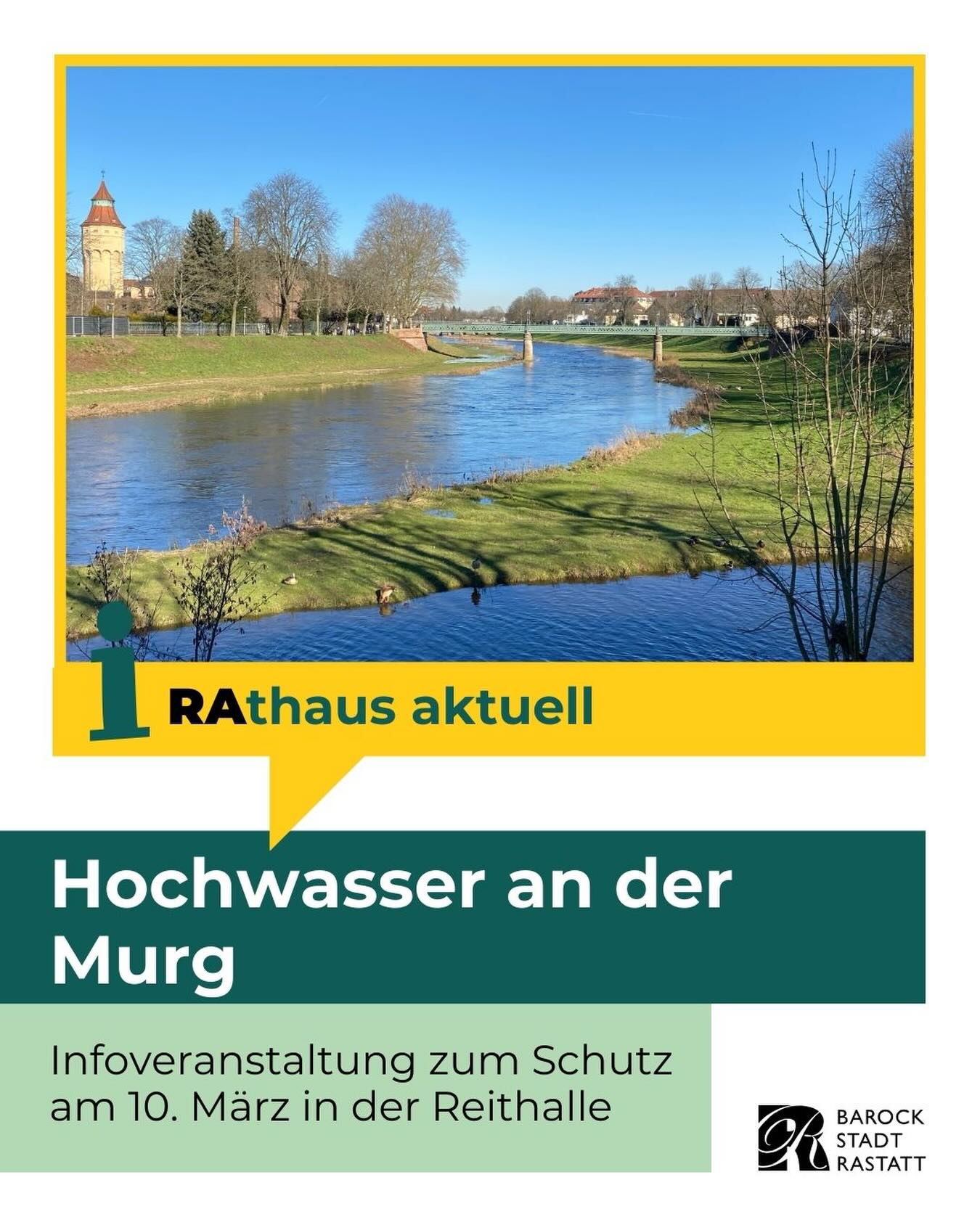 Dieser Alternativtext wurde KI-generiert: Ein Fluss fließt unter einer Brücke durch eine Landschaft. Unterhalb des Bildes befindet sich ein farbiger Bereich mit Textinformationen.
