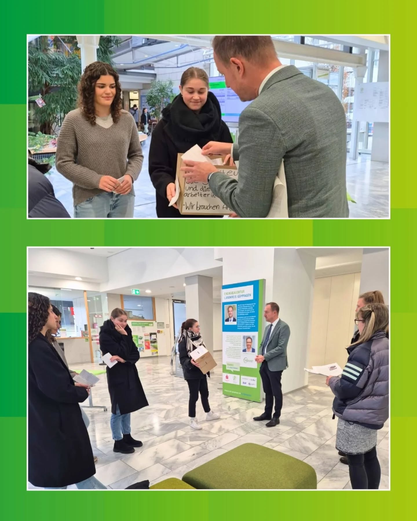 Dieser Alternativtext wurde KI-generiert: Zwei Bilder zeigen Personen in Innenräumen. Im Hintergrund sind Büros und ein Empfangsbereich zu sehen, und eine Person hält ein Plakat.