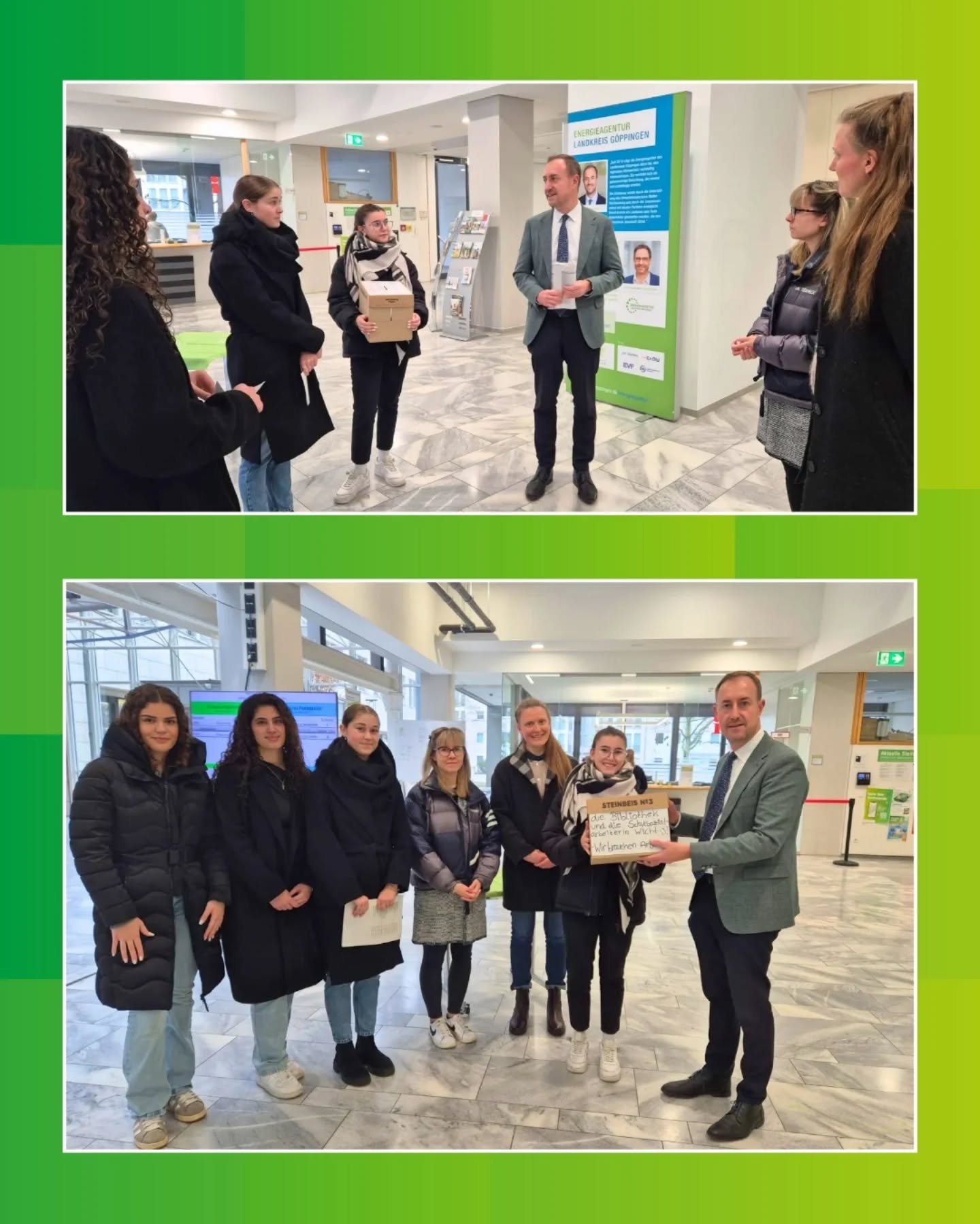 Dieser Alternativtext wurde KI-generiert: Eine Gruppe von Menschen steht in einem hellen Innenraum und draußen vor einem Gebäude. Die Fotos sind farbig und zeigen eine freundliche Atmosphäre.