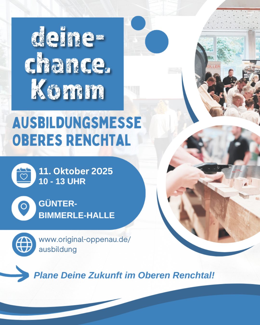 Dieser Alternativtext wurde KI-generiert: Werbeflyer für eine Ausbildungsmesse. Der Flyer enthält Informationen zu Datum, Ort und Webseite der Veranstaltung und zeigt im Hintergrund Personen in einem Büro.