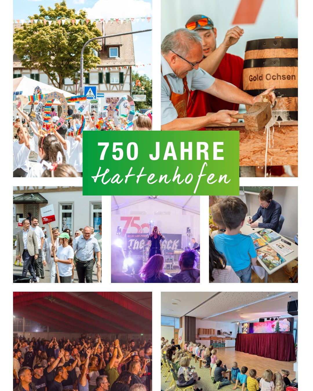 Dieser Alternativtext wurde KI-generiert: Eine Collage zeigt verschiedene Szenen einer städtischen Feier. Menschen sind in Innen- und Außenräumen bei Versammlungen und Aufführungen zu sehen.