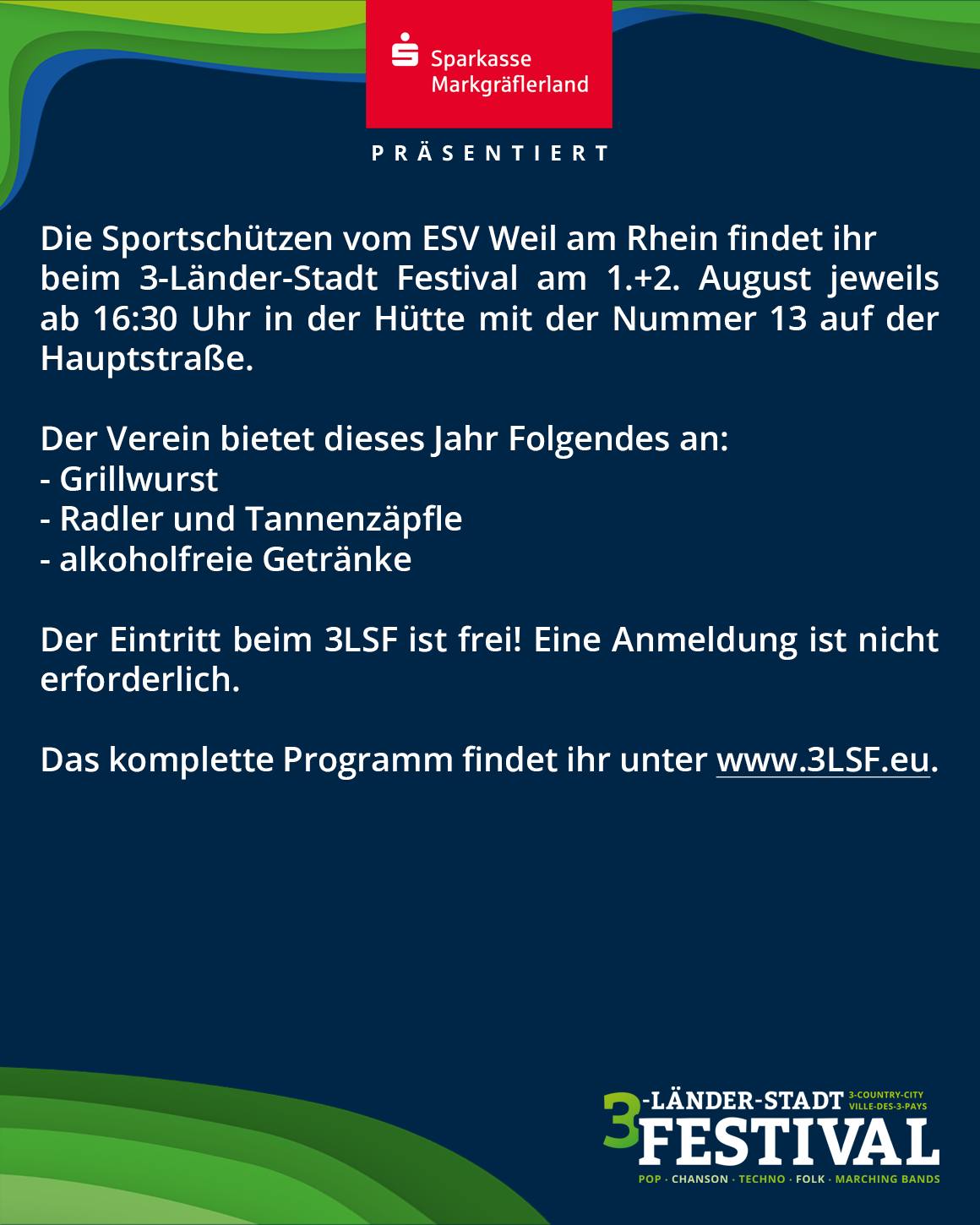 Dies ist ein Werbeplakat für das 3-Länder-Stadt Festival. Es bietet Informationen zu Ort, Datum, Uhrzeit und Verpflegung.