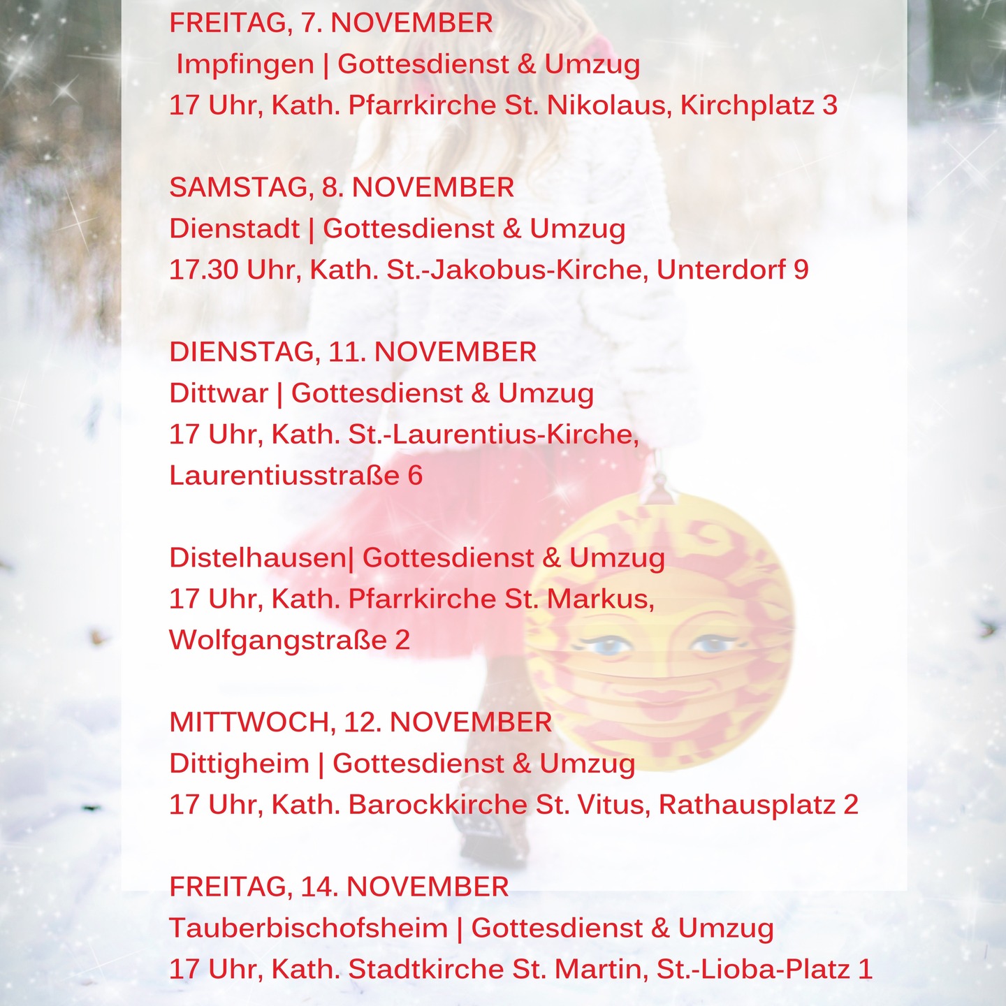 Dieser Alternativtext wurde KI-generiert: Schwarz-weißes Bild mit Textlisten zu religiösen Veranstaltungen und Orten. Im Hintergrund befindet sich eine stilisierte, bunte Illustration einer Blume.