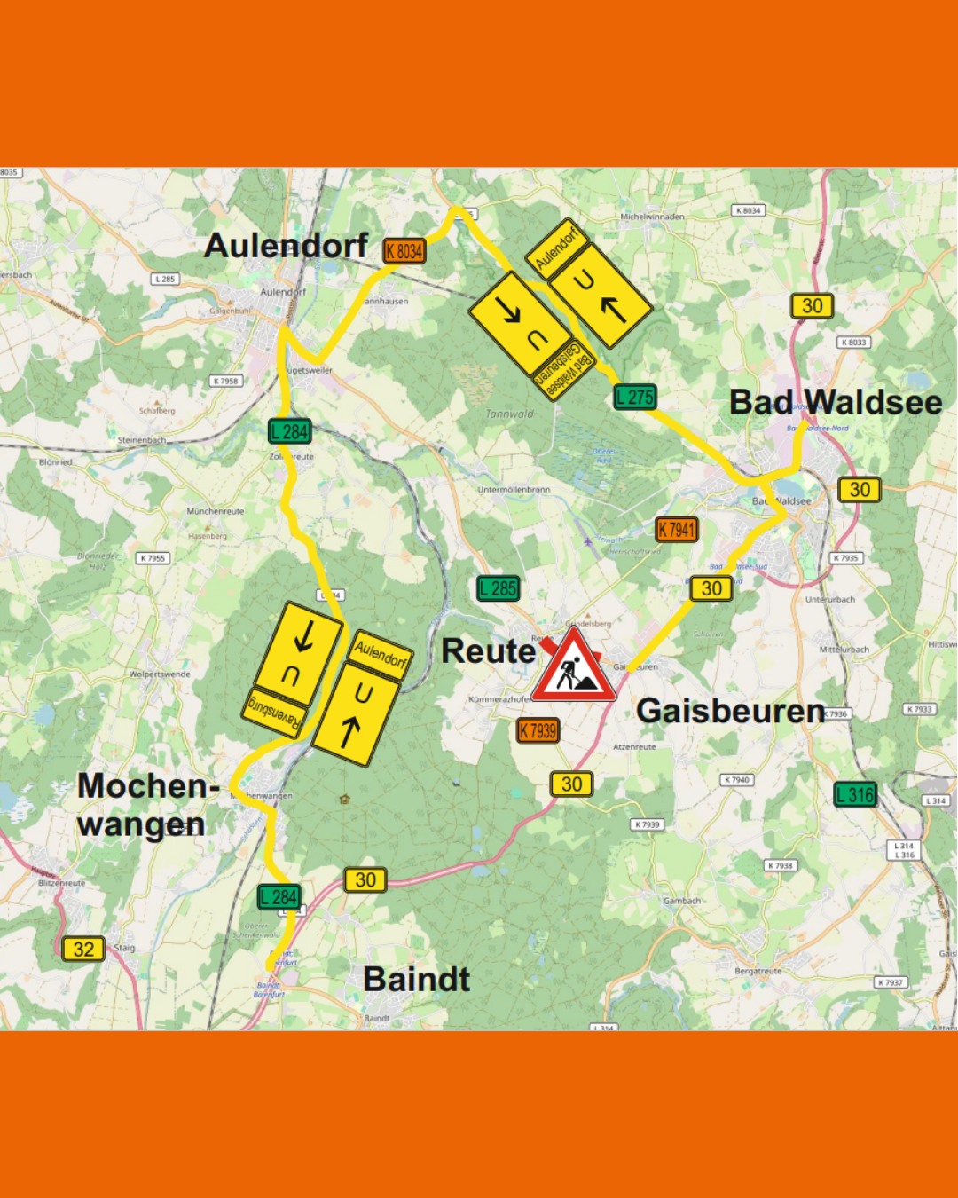 Dieser Alternativtext wurde KI-generiert: Eine farbige Karte zeigt eine ländliche Gegend mit Straßen und Ortsnamen. Pfeile kennzeichnen Richtungen auf der Karte.