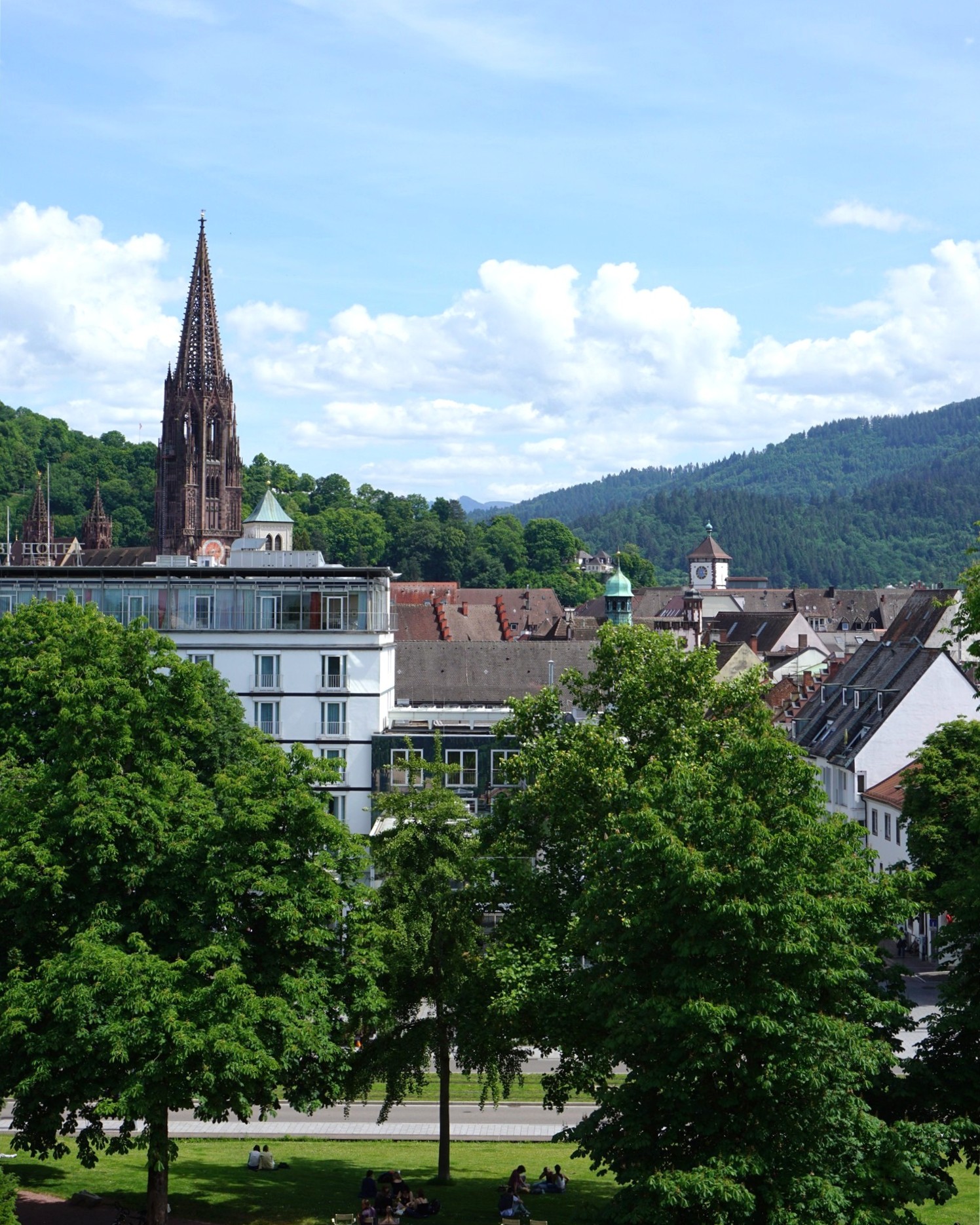 Stadtbild mit markantem Kirchturm, umgeben von Gebäuden und grünen Bäumen vor bewaldeten Hügeln unter blauem Himmel mit Wolken; im Vordergrund sitzen Menschen auf einer Wiese. (KI-Alternativtext)