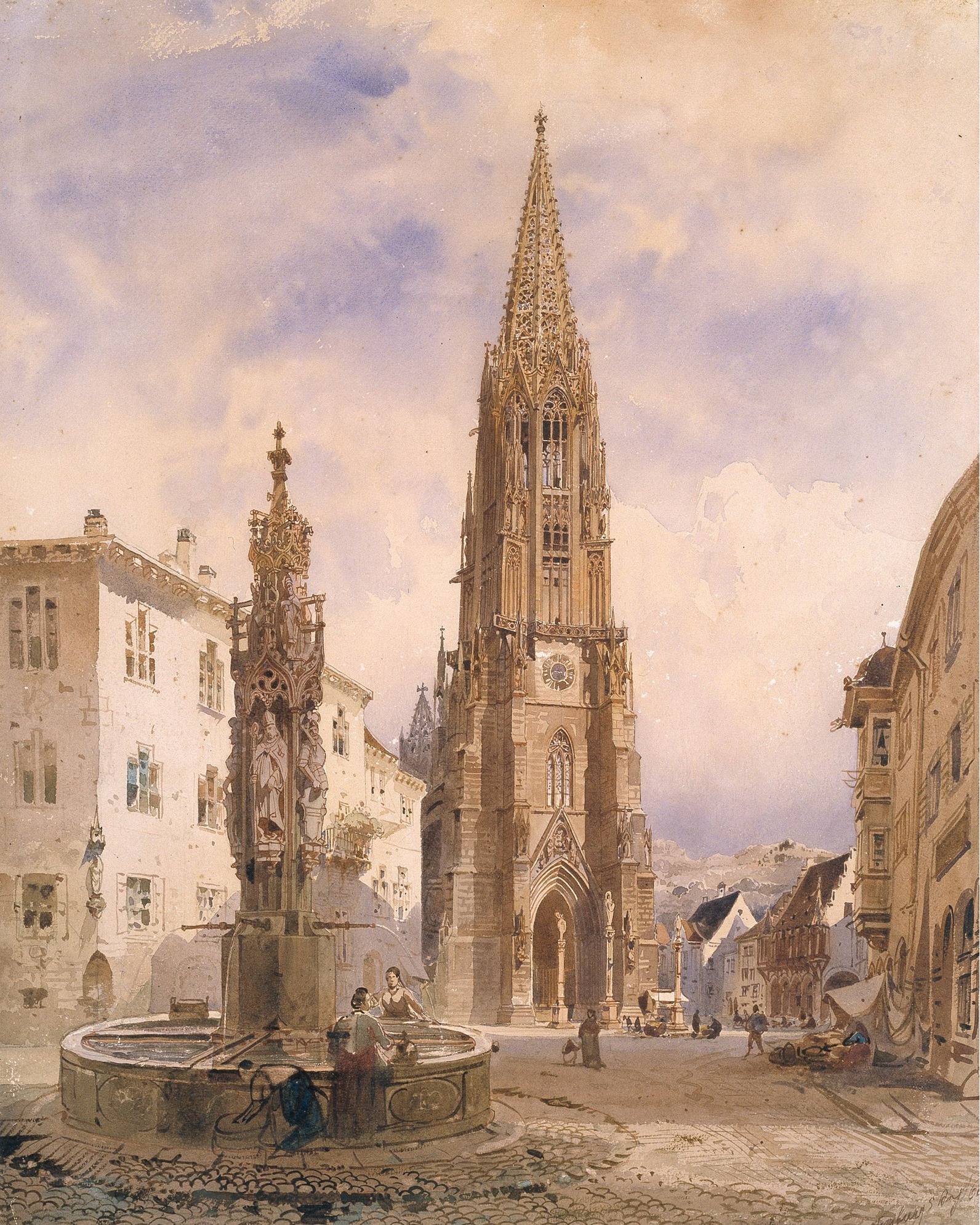 Dieser Alternativtext wurde KI-generiert: Ein historisches Aquarell zeigt eine hoch aufragende Kirche mit einem spitzen Turm und eine belebte Stadtansicht mit einem Brunnen im Vordergrund.