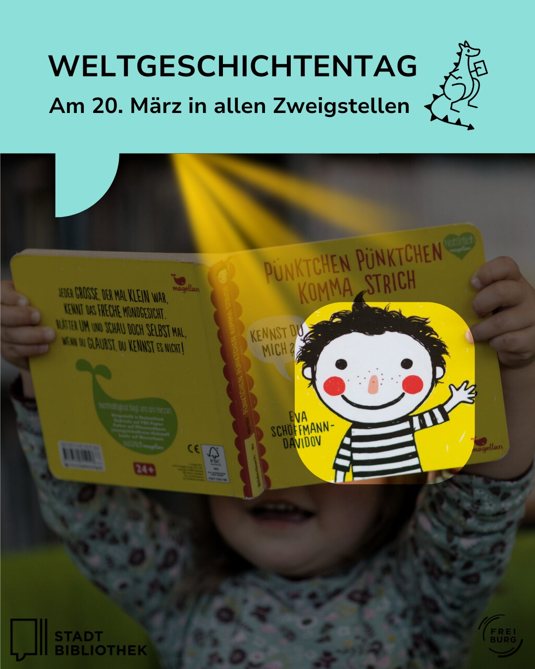 Dieser Alternativtext wurde KI-generiert: Ein Buch liegt auf einem Tisch vor einem Bücherregal. Das Buch hat einen gelben Umschlag und zeigt eine Illustration eines Kindes mit roten Haaren und gestreiftem Pullover.