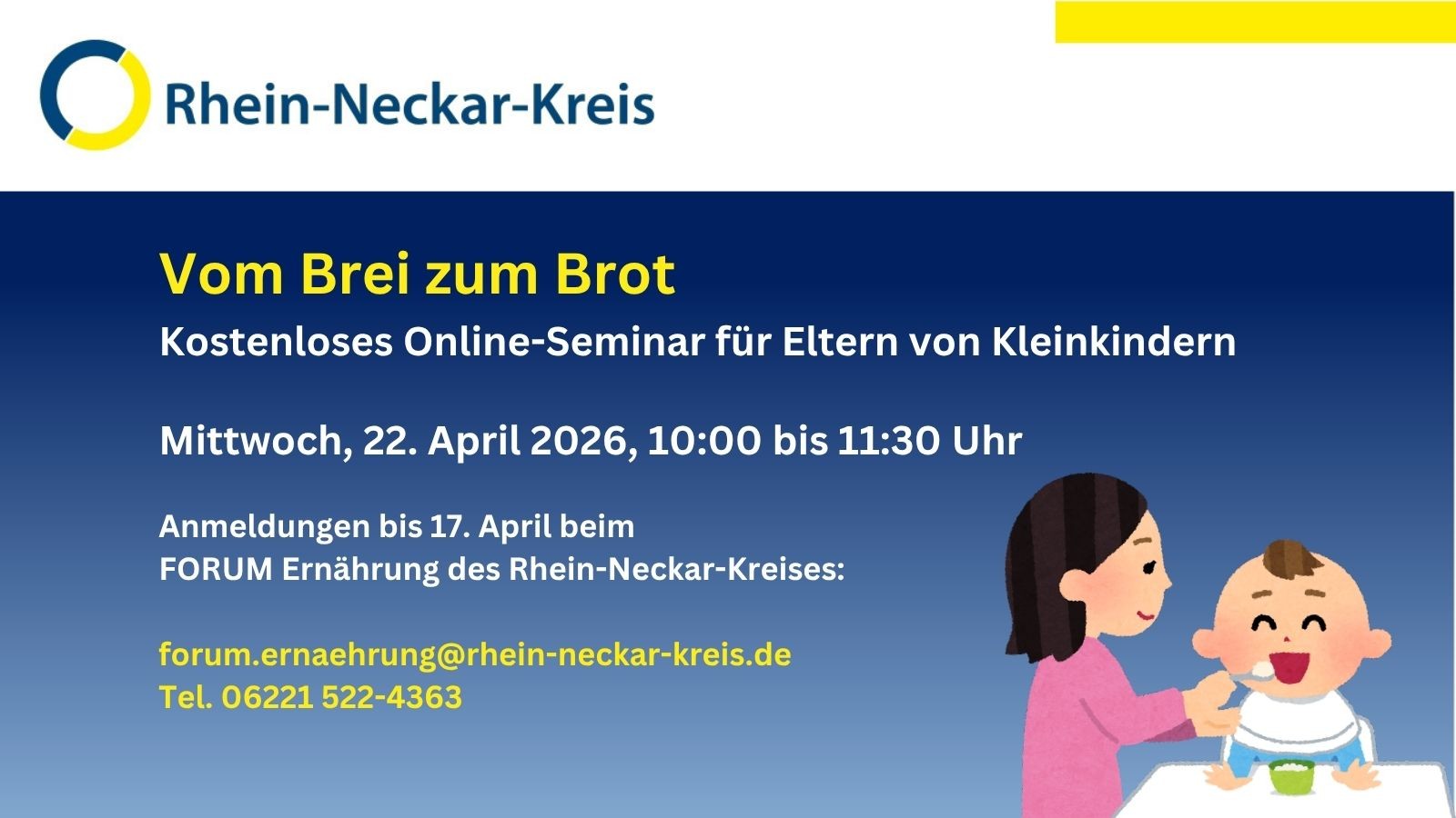 Dieser Alternativtext wurde KI-generiert: Ein farbiges Plakat bewirbt ein kostenloses Online-Seminar für Eltern von Kleinkindern mit dem Titel „Vom Brei zum Brot“. Es enthält Informationen zu Datum, Uhrzeit und Anmeldungsdetails.