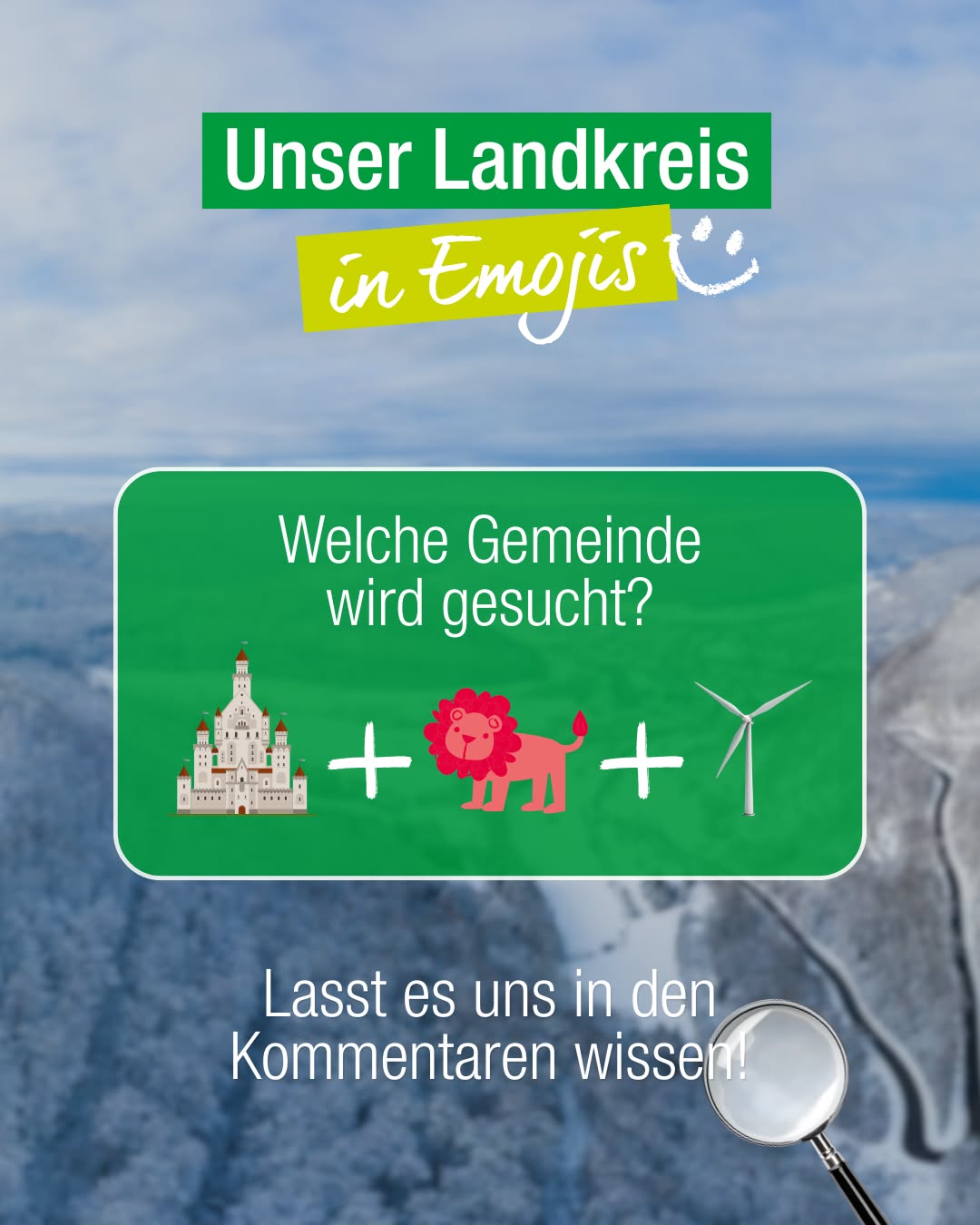 Dieser Alternativtext wurde KI-generiert: Ein farbiges Plakat mit einer Landschaft und Symbolen. Es fordert zur Interaktion auf, indem gefragt wird, welche Gemeinde gemeint ist und Kommentare erwünscht sind.