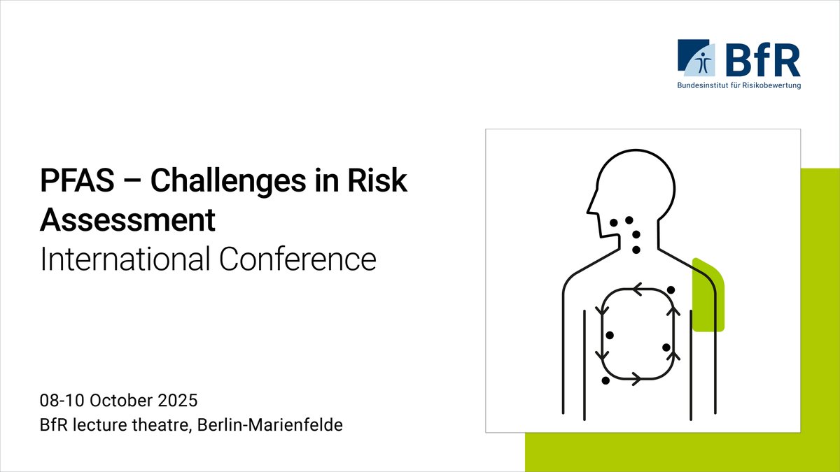 Hinweis - Der folgende Text wurde automatisch generiert: Grafik zur internationalen Konferenz zu PFAS und Herausforderungen in der Risikobewertung. Eine schematische Darstellung des menschlichen Körpers zeigt mögliche Einwirkungs- und Kreislaufwege.