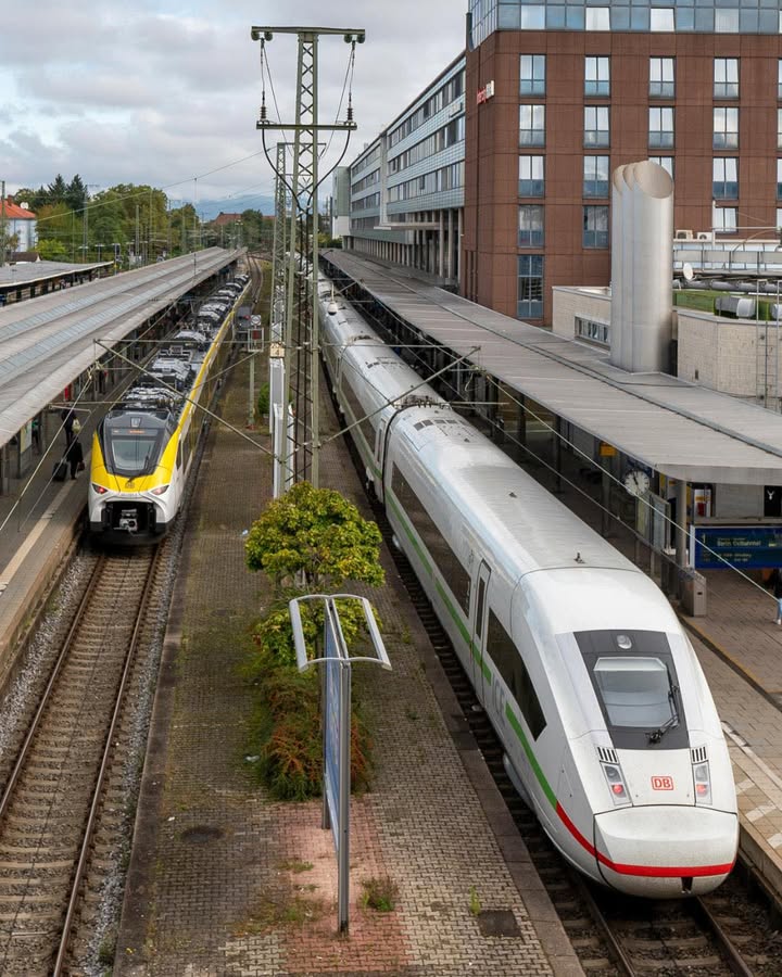 Dieser Alternativtext wurde KI-generiert: Ein Bahnhofsgelände mit mehreren Gleisen und Regionalzügen. Im Hintergrund sind Gebäude und Bäume zu sehen.