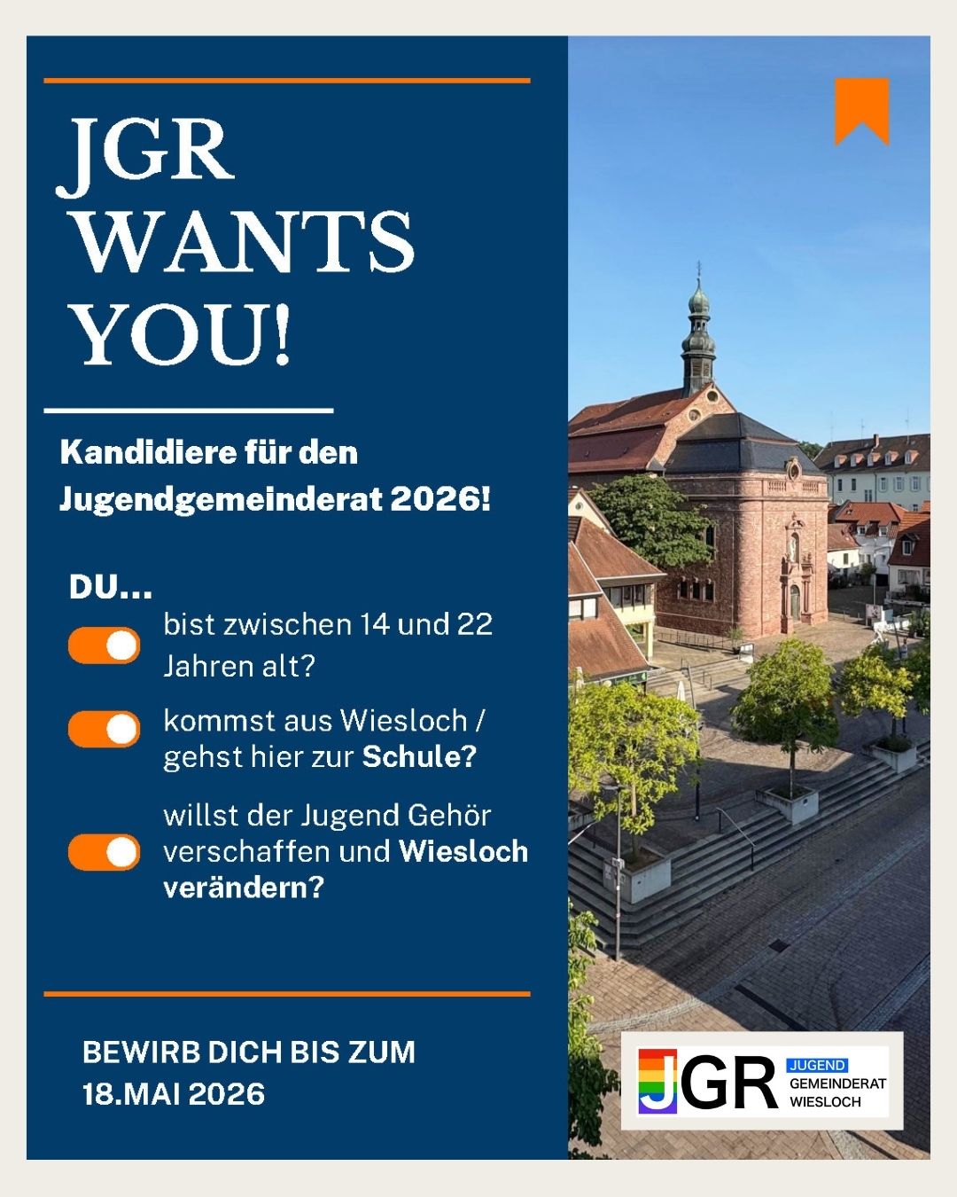 Dieser Alternativtext wurde KI-generiert: Ein farbiges Plakat mit Text und einem Bild eines Gebäudes mit einem Turm und einer Treppe im Hintergrund. Es wirbt für die Bewerbung für einen Jugendgemeinderat.